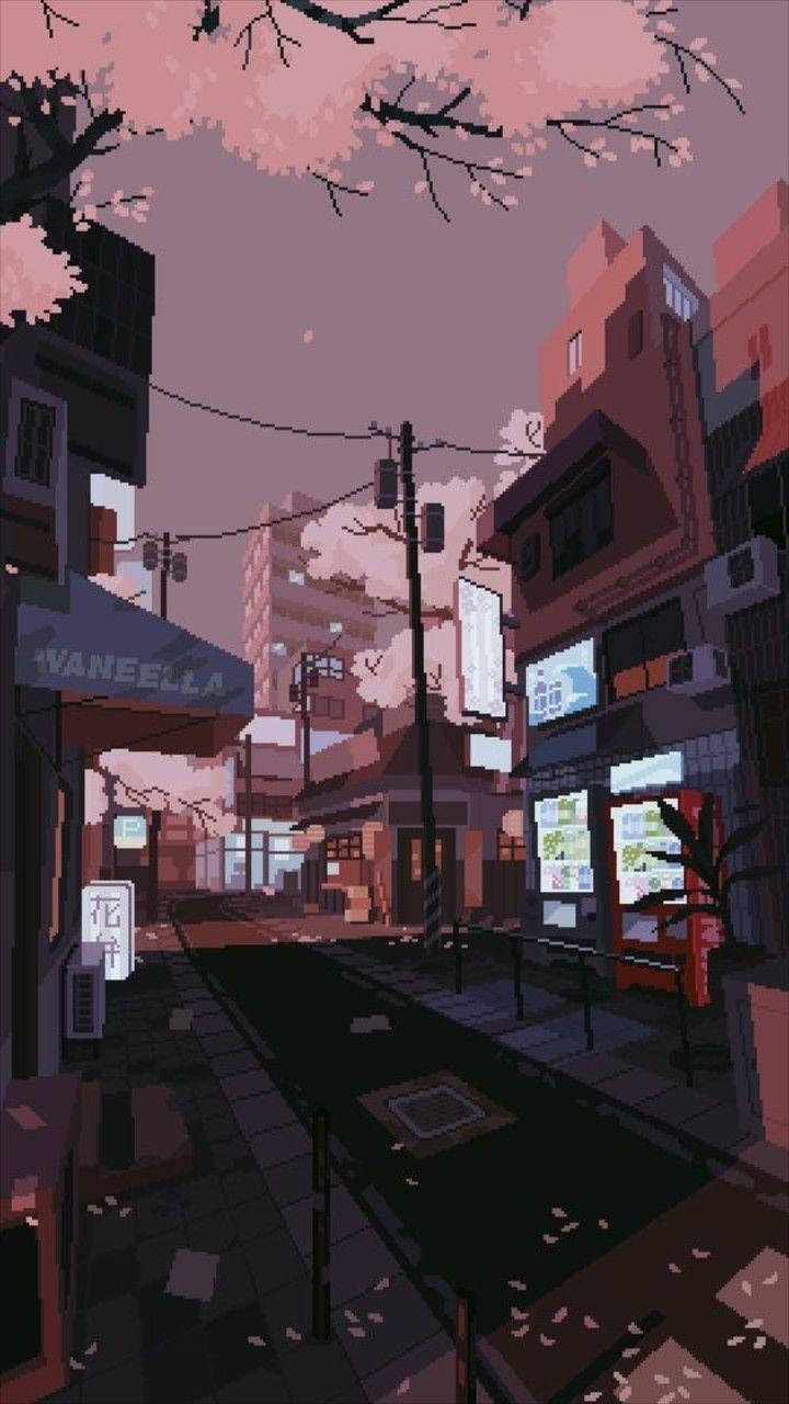 Αισθητική Πόλη σε Ροζ και Καφέ Pixel Art Ταπετσαρία