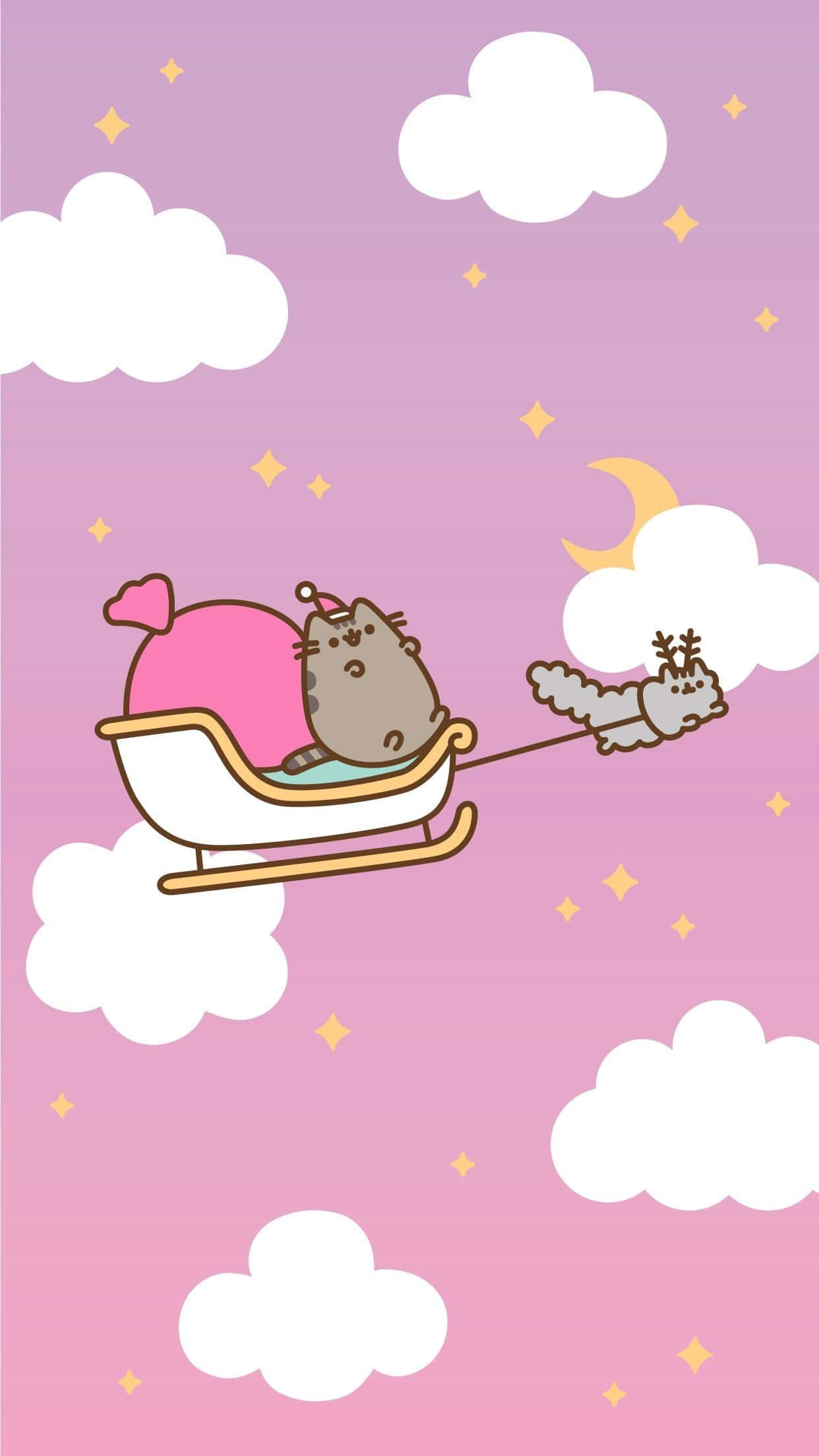Ροζ Χριστουγεννιάτικο Έλκηθρο με τη Γάτα Pusheen Ταπετσαρία