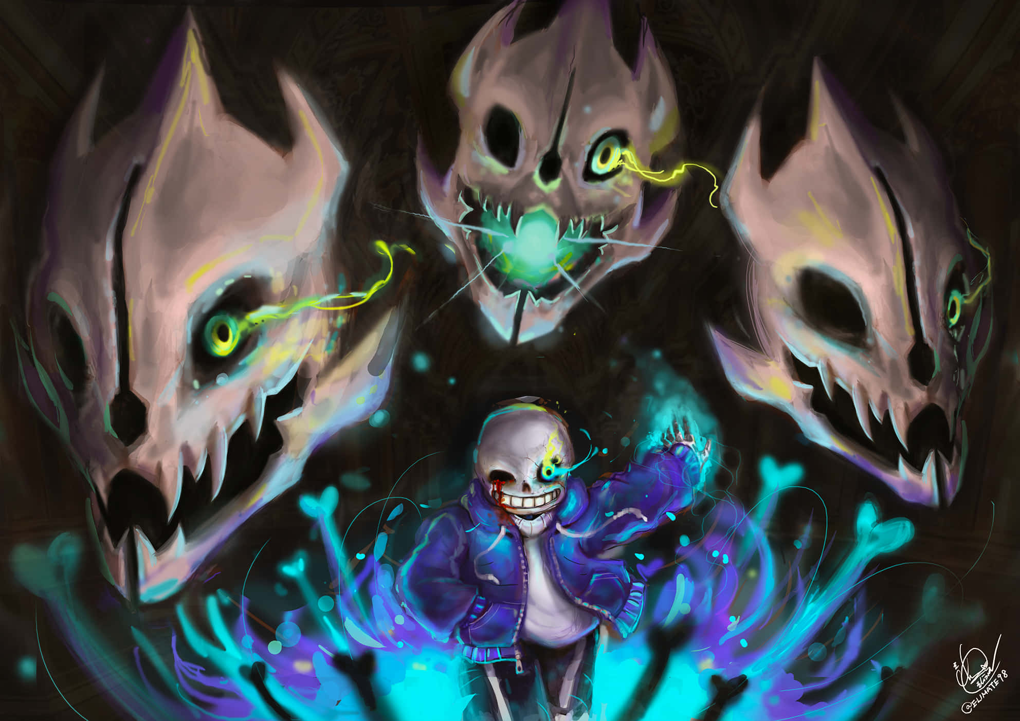 Ο Sans από το indie RPG παιχνίδι Undertale χαμογελάει πονηρά. Ταπετσαρία