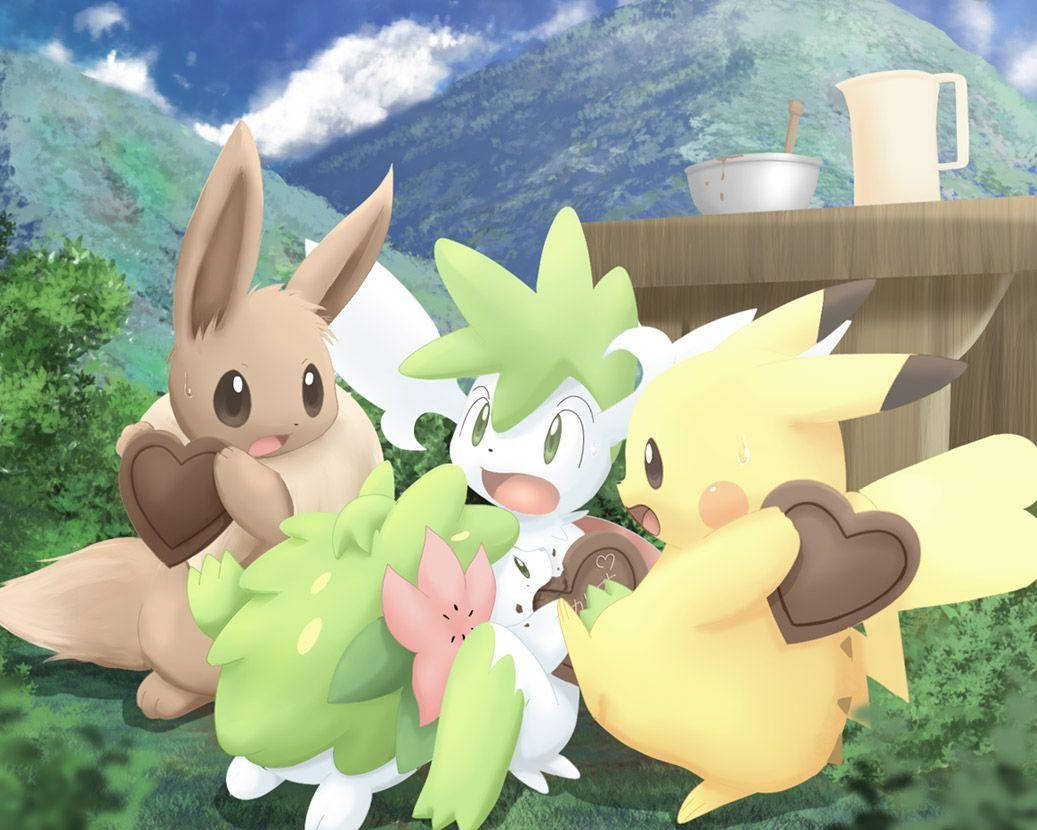 Shaymin παίζει με Pikachu και Eevee Ταπετσαρία
