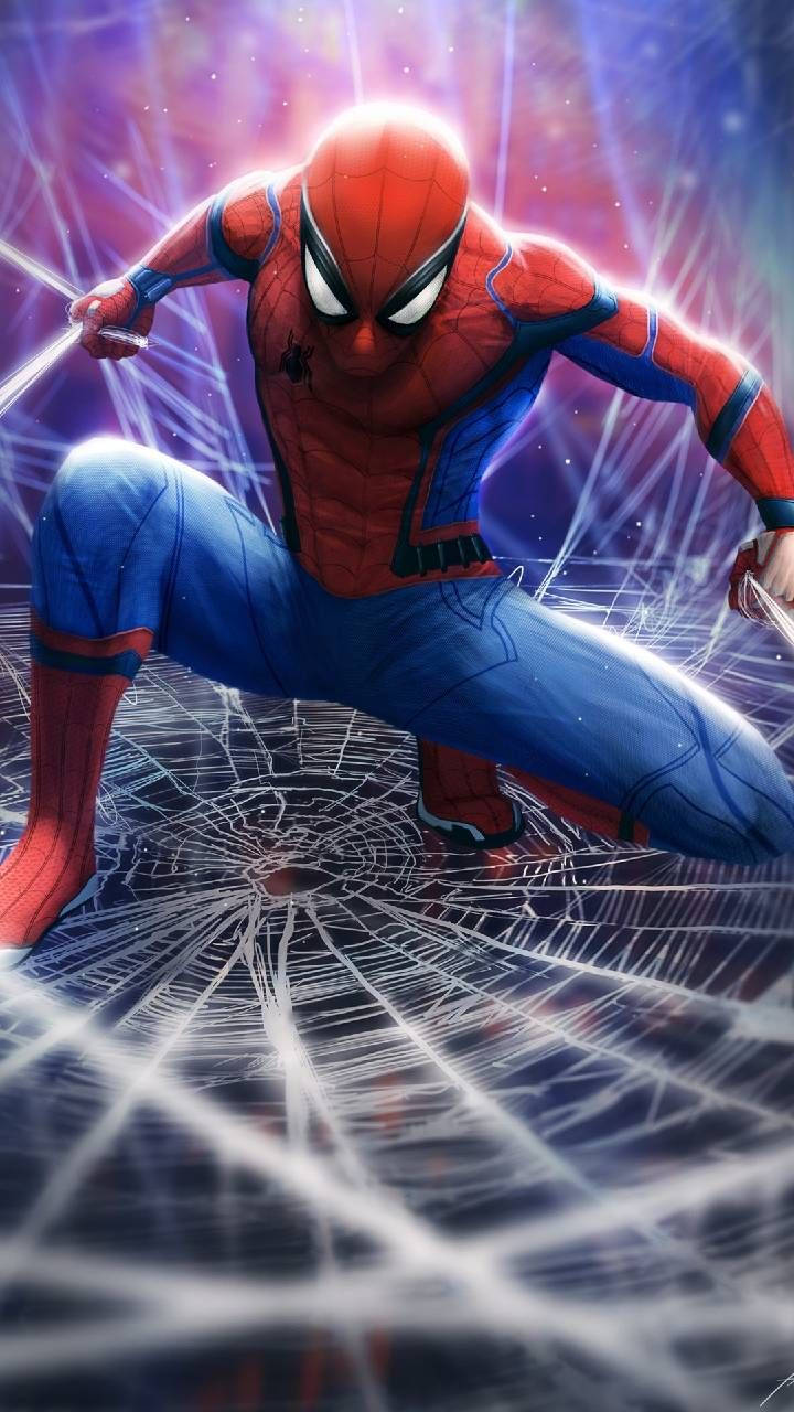 Ο Spider-Man αιωρείται ανάμεσα σε ουρανοξύστες με τον ιστό του Ταπετσαρία