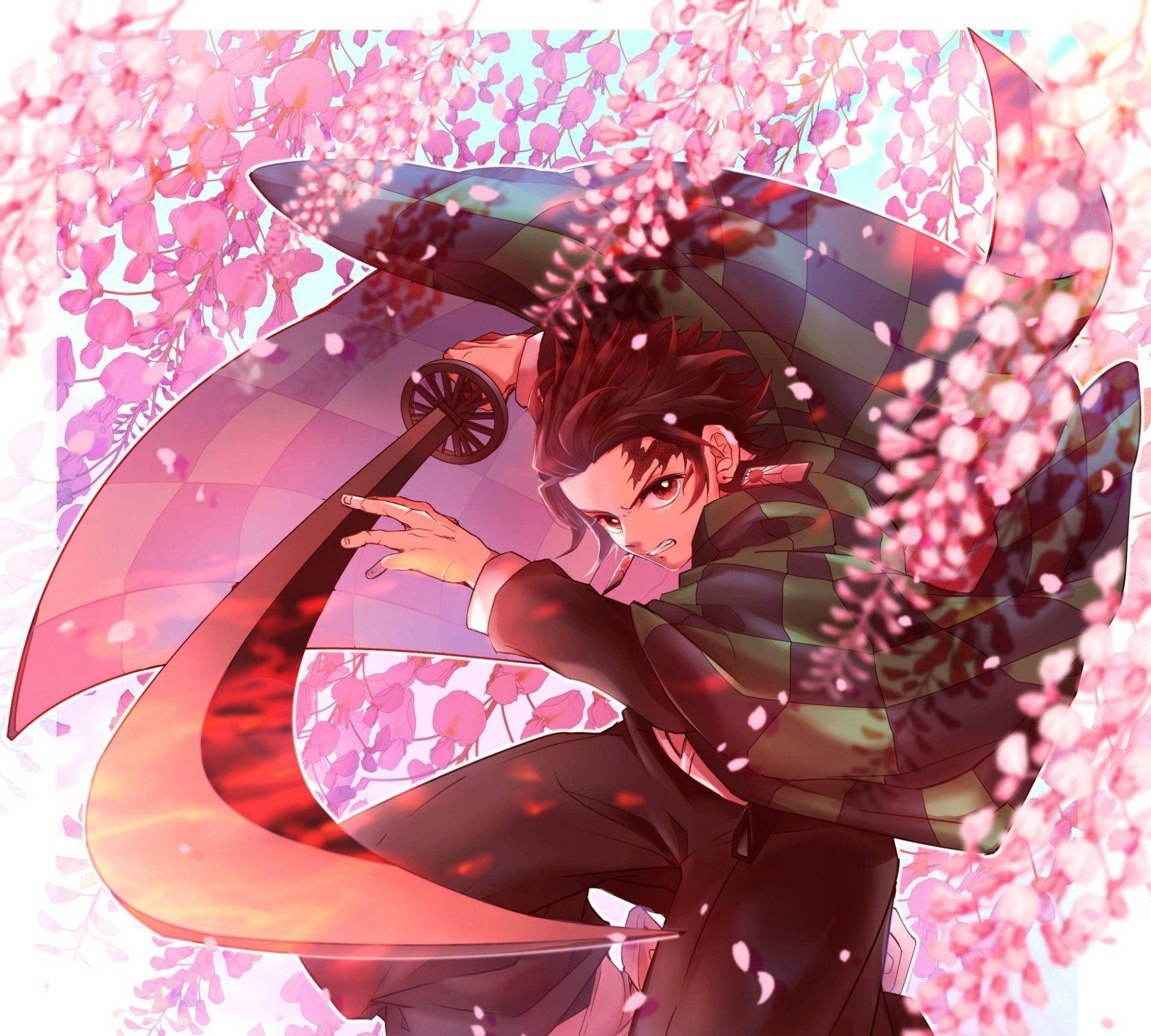 Tanjiro Ροζ Λουλούδια Demon Slayer Ταπετσαρία