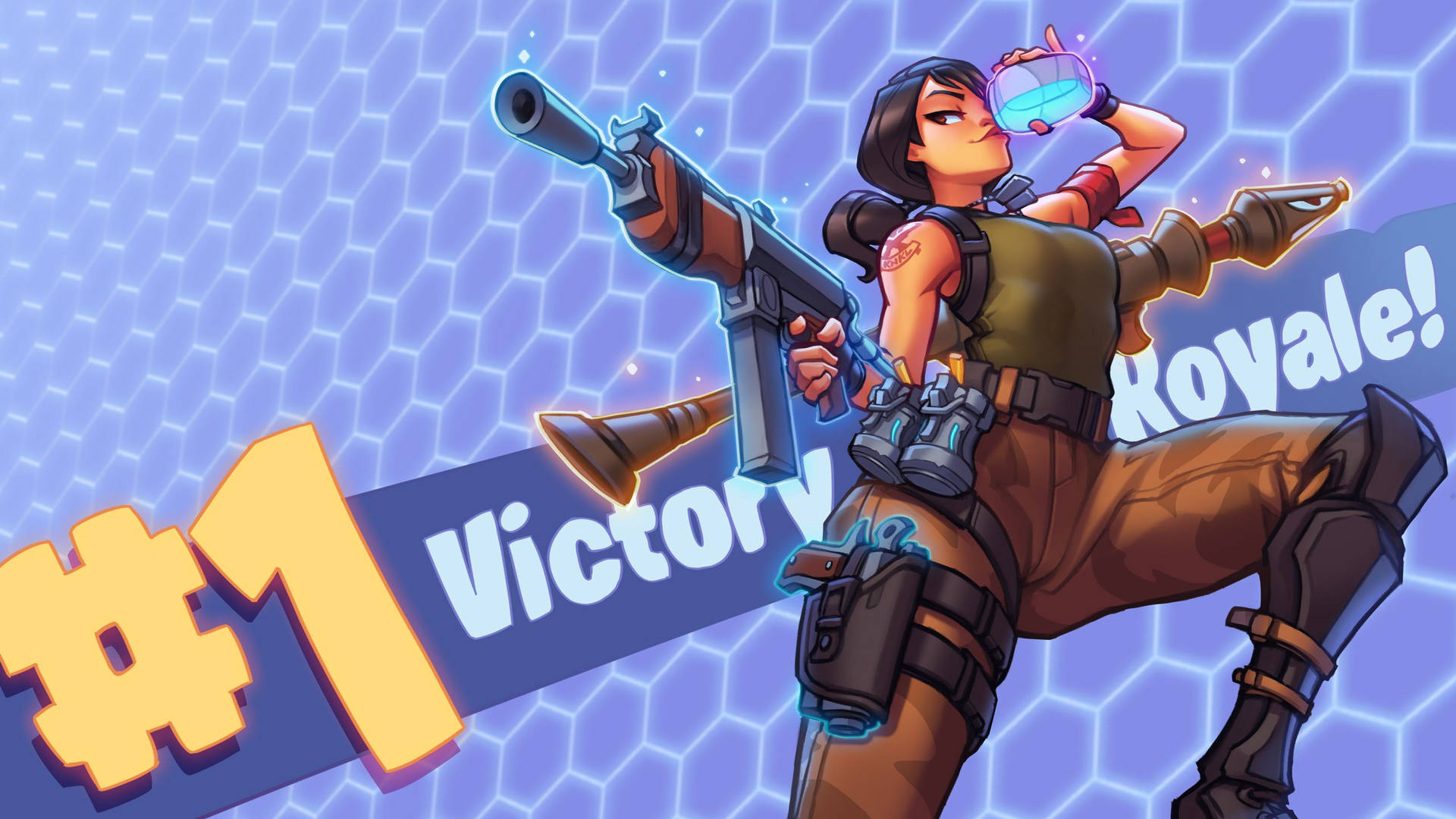 Μια γυναικεία χαρακτήρας από το Fortnite να κρατάει ένα όπλο και να πίνει ένα shield potion wallpaper. — Fortnite Ταπετσαρία