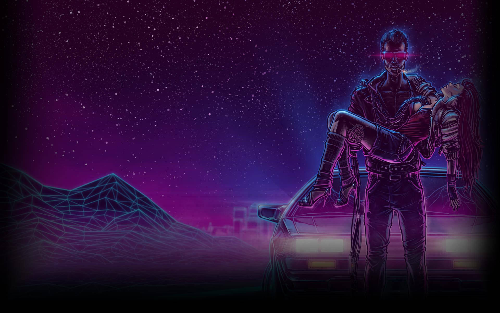 Νέον Μωβ Αισθητική Wireframe Cyberpunk Ταπετσαρία