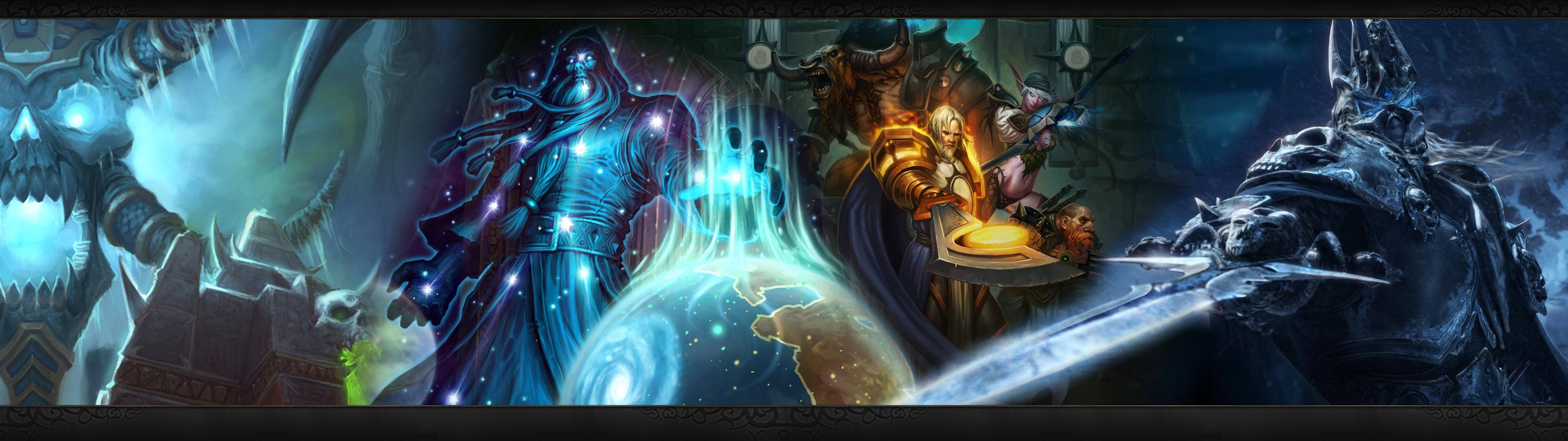 Δύο χαρακτήρες του World of Warcraft σε μάχη σε διπλή οθόνη Ταπετσαρία