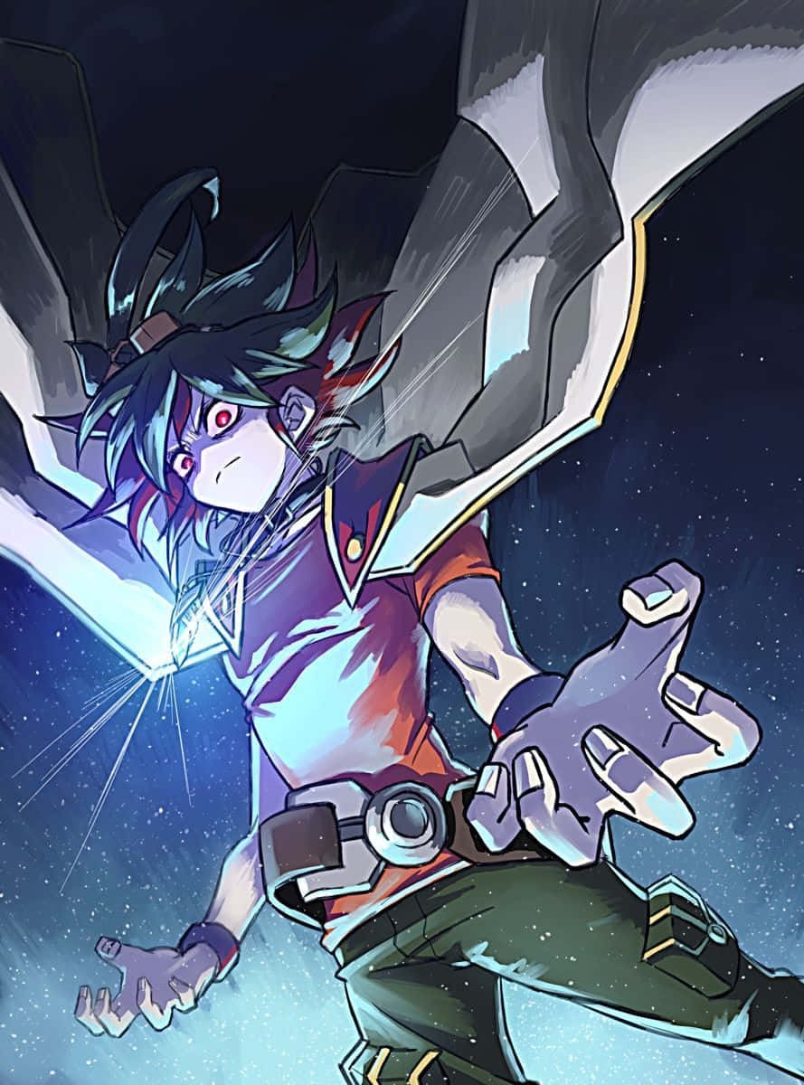 Ο Yuya Sakaki σε μια δυναμική πόζα με τη στολή Duel Monsters Ταπετσαρία