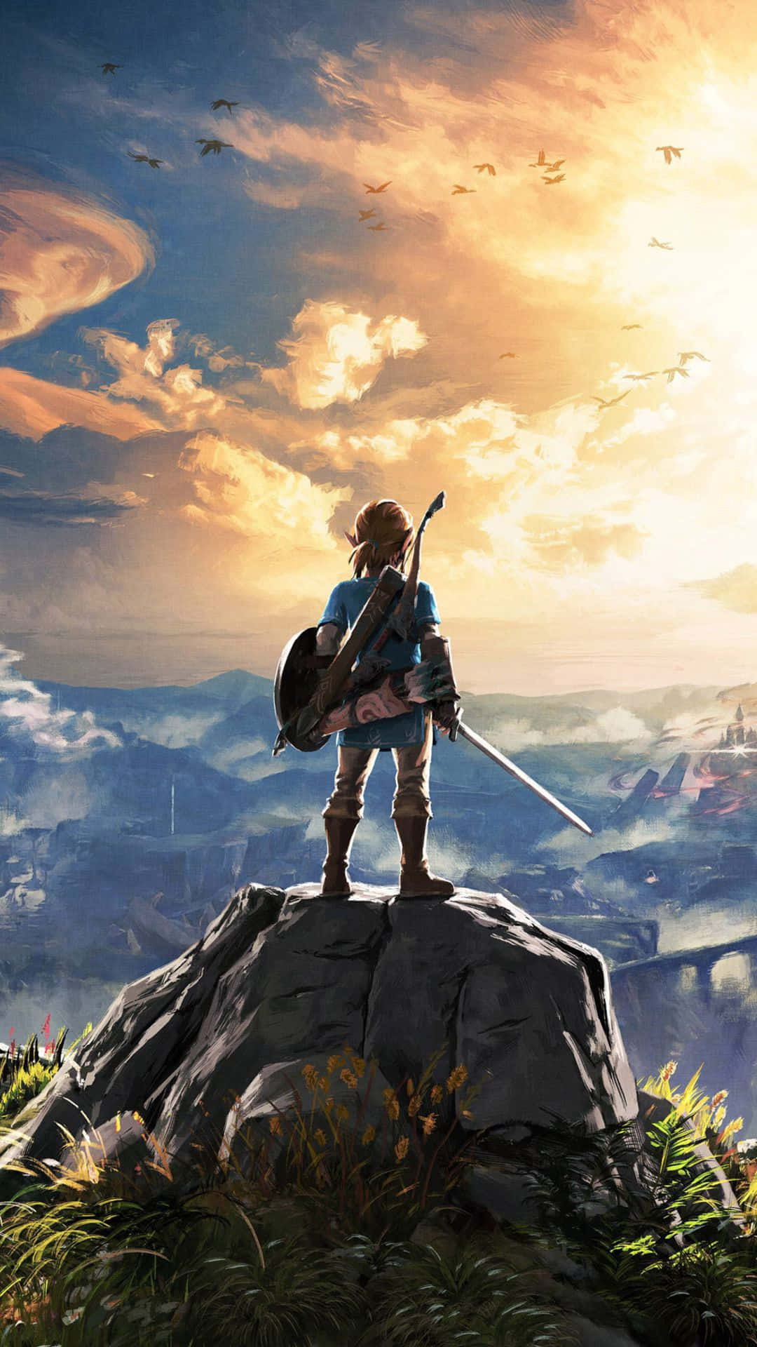 Zelda Botw Ο Link Στέκεται Πάνω σε Ένα Βράχο Ταπετσαρία