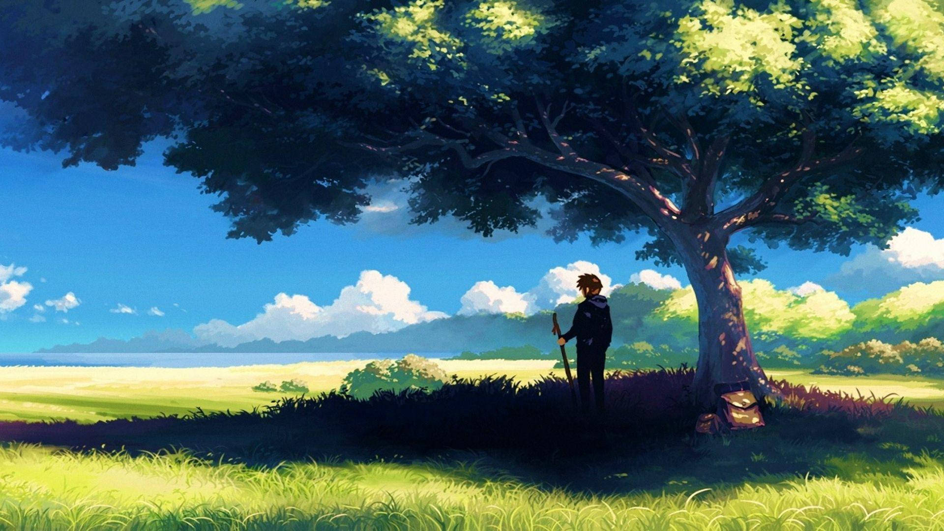 Άνδρας κάτω από ένα δέντρο σε anime τοπίο Ταπετσαρία