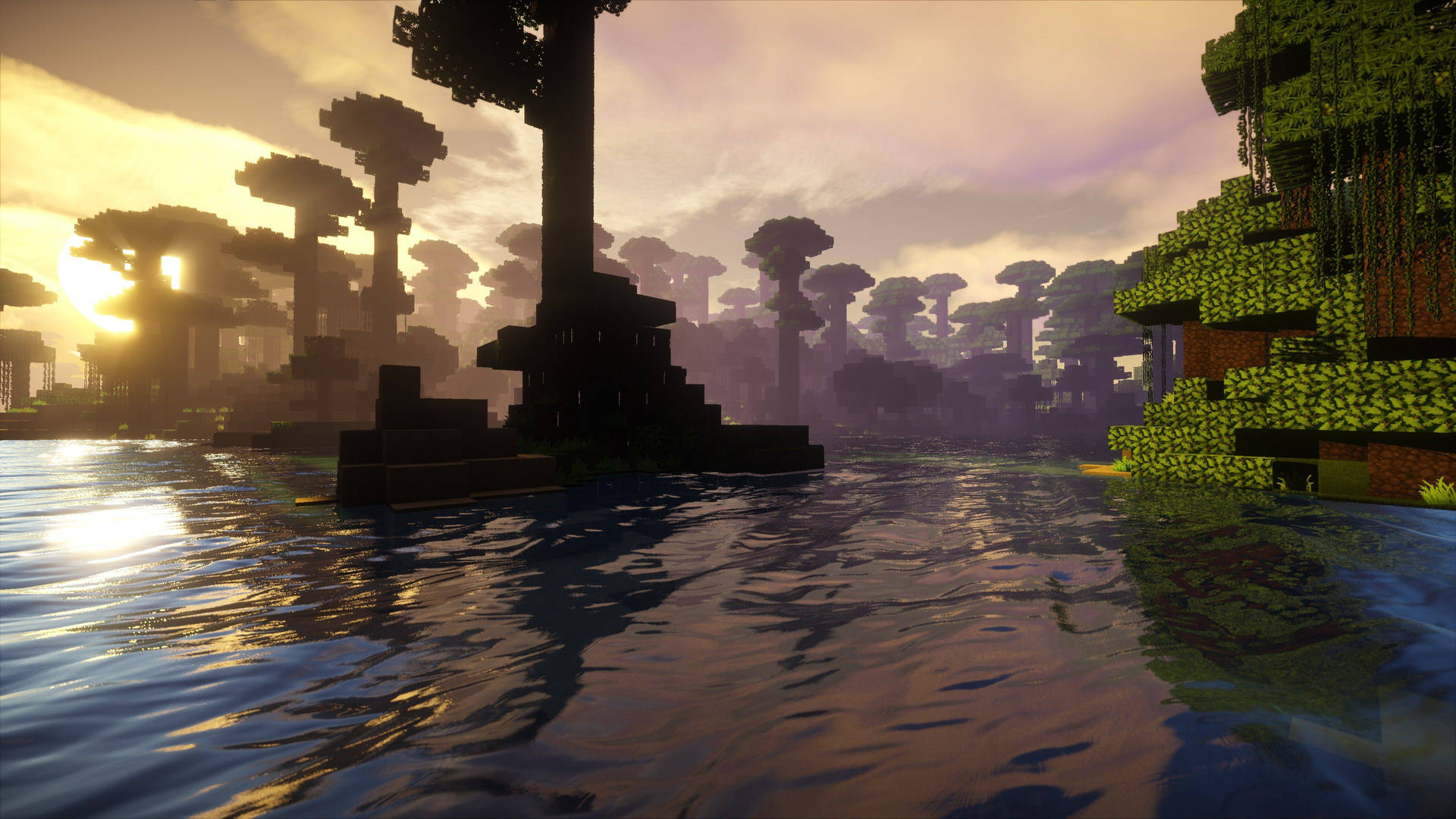 Minecraft ηλιοβασίλεμα δάσος θέα HD ταπετσαρία — Minecraft Ταπετσαρία