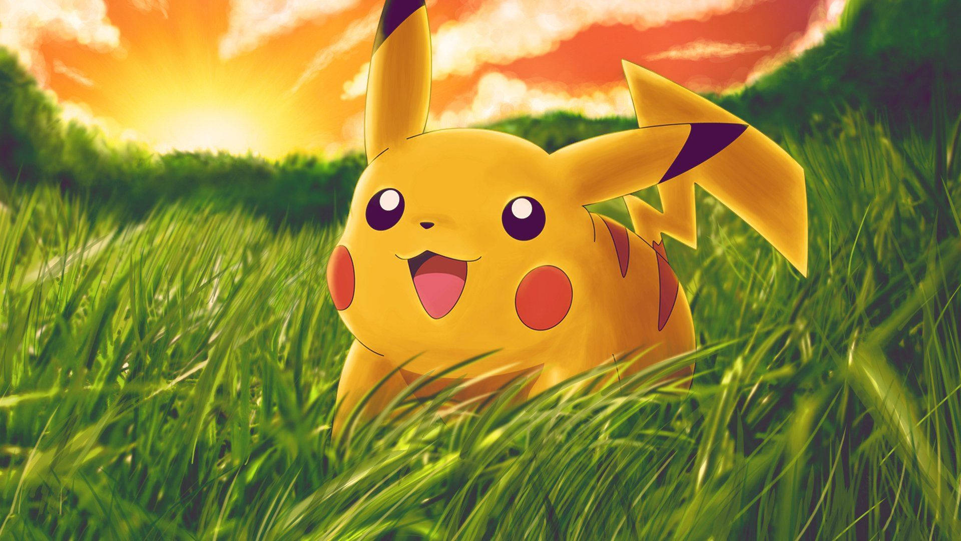Ταπετσαρία του Pikachu στο χωράφι με το ηλιοβασίλεμα πίσω του. — Pikachu Ταπετσαρία