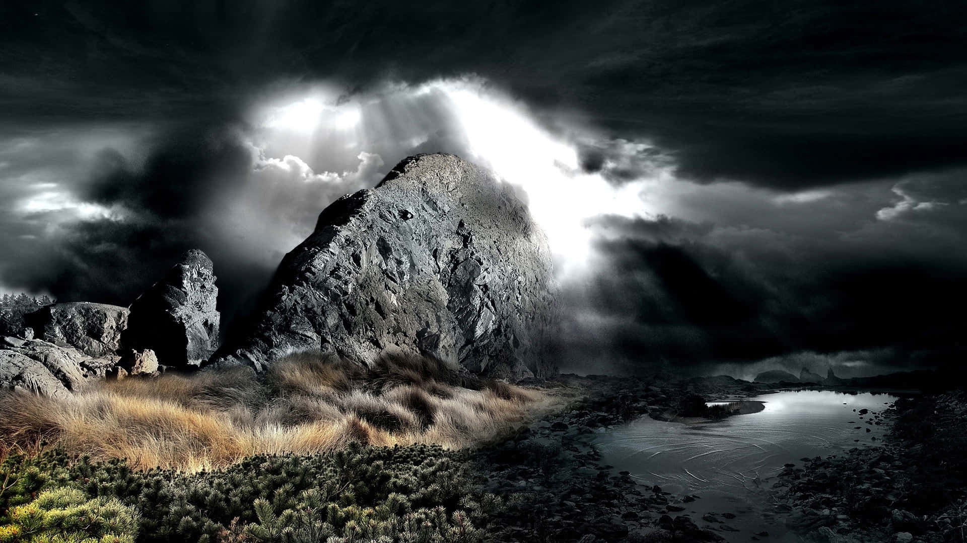 ένα σκοτεινό τοπίο με καταιγιστικό ουρανό και βράχους Ταπετσαρία