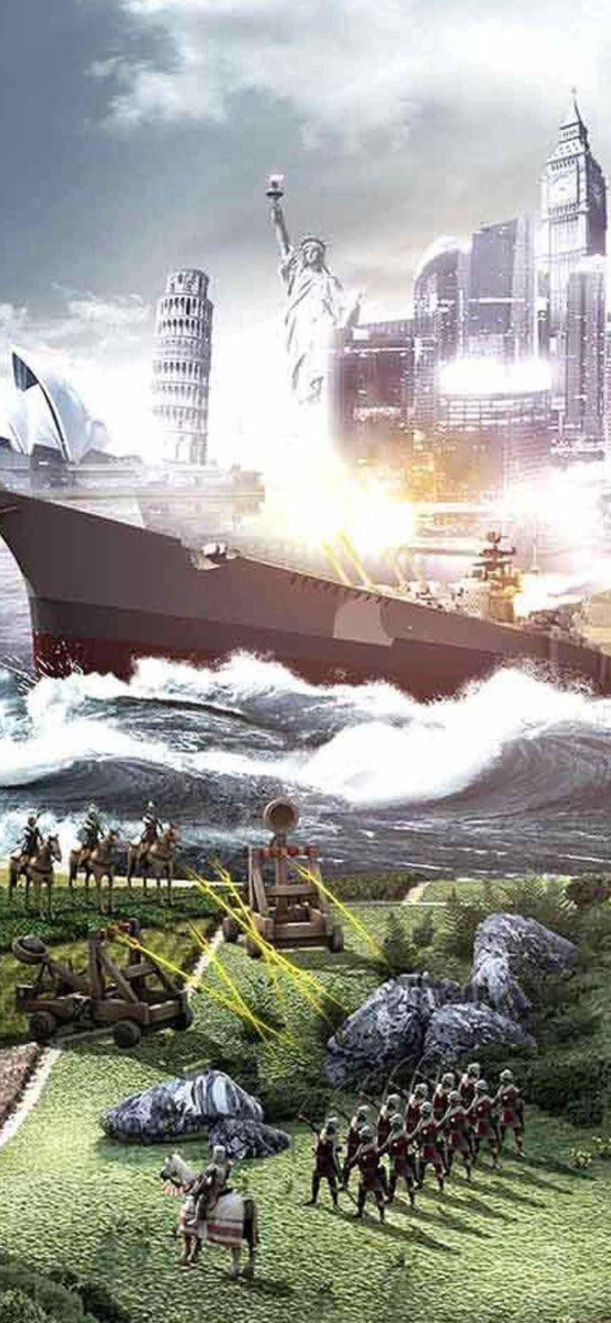 ένα στρατιωτικό πλοίο βρίσκεται στο νερό με στρατιώτες Ταπετσαρία
