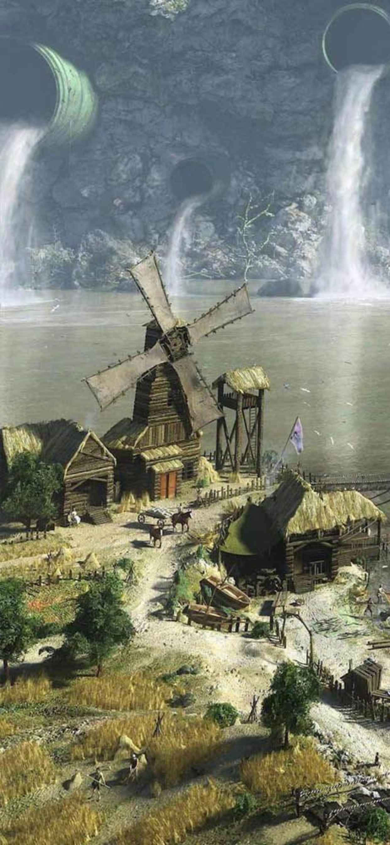 ένας πίνακας με έναν ανεμόμυλο και έναν καταρράκτη Ταπετσαρία