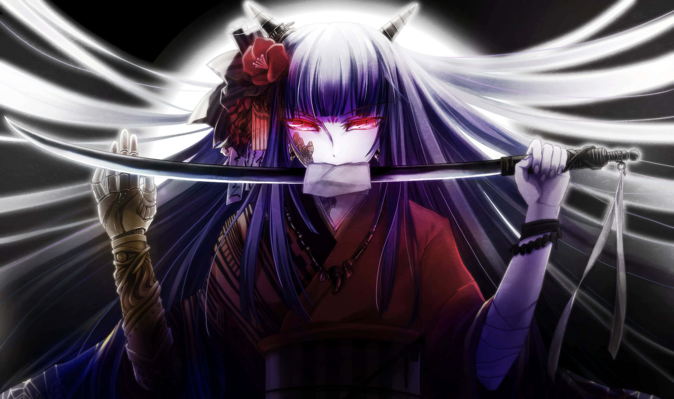 Ένας τρομακτικός δαίμονας anime κοιτάζει έντονα από τις σκιές Ταπετσαρία