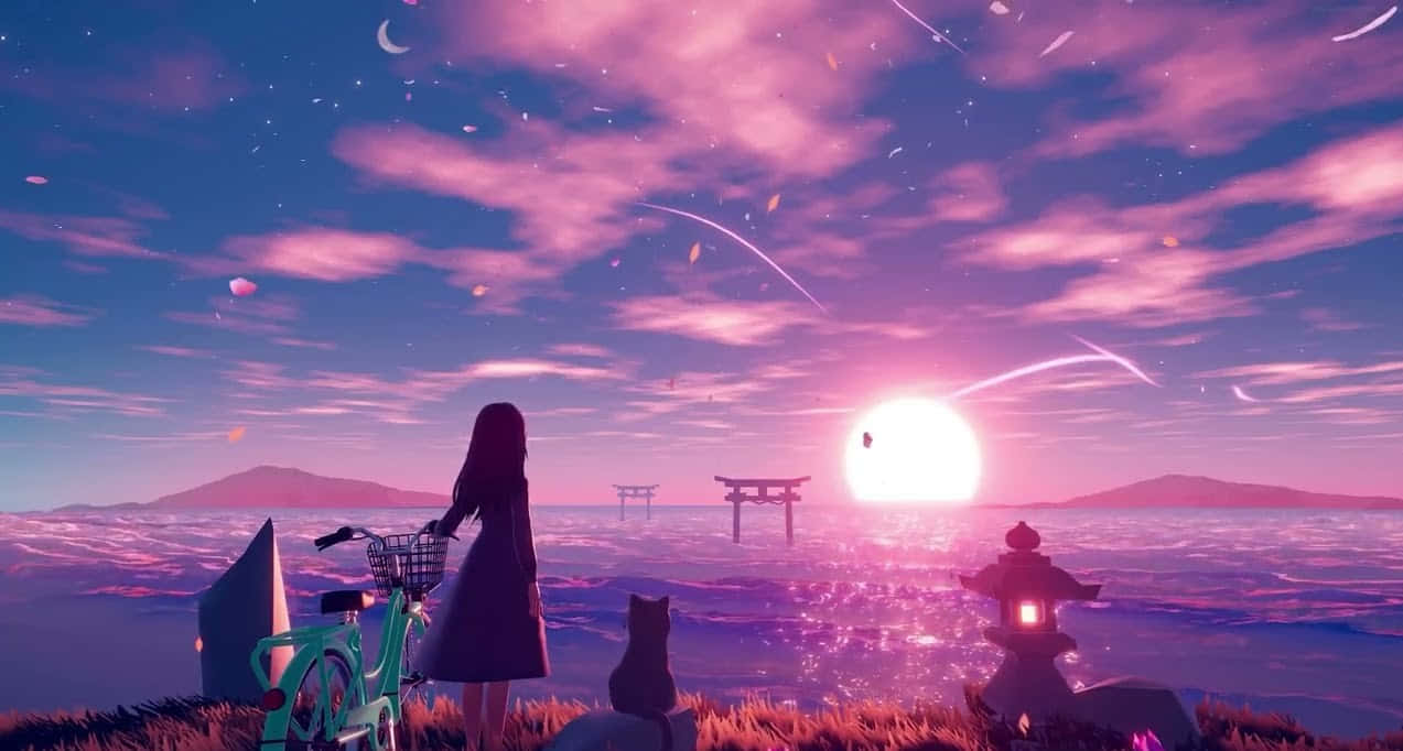 Ήρεμη Anime Κοπέλα Κοιτάζει τον Ουρανό — Anime τοπίο GIF Ταπετσαρία