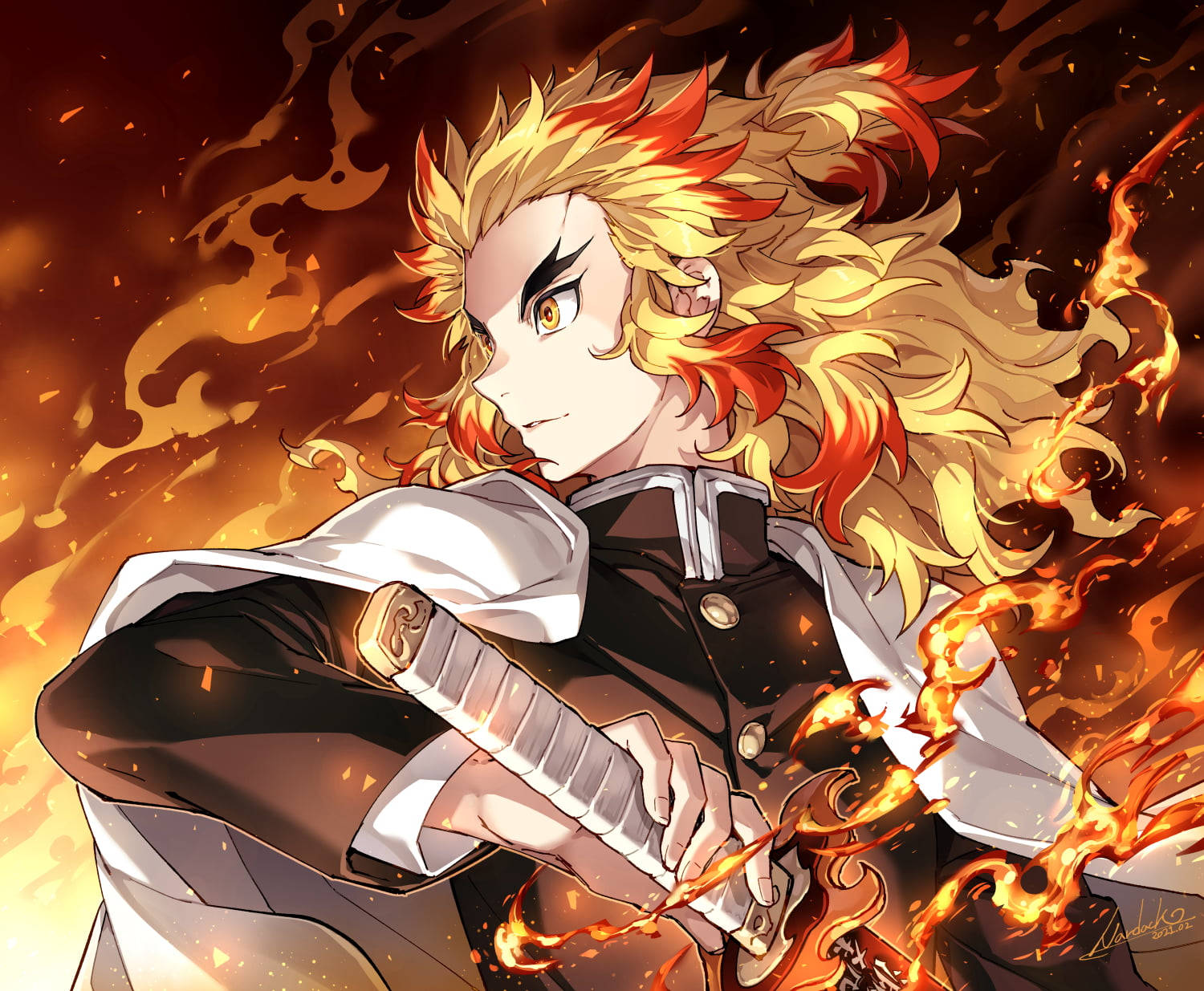 Χαριτωμένος Rengoku από το Demon Slayer με φλόγες — Anime Boy Ταπετσαρία
