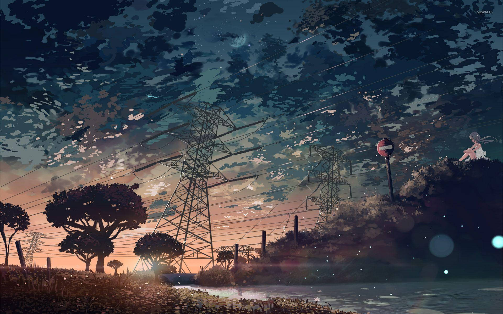 Αισθητική Anime με Γραμμές Ρεύματος στο Ηλιοβασίλεμα Ταπετσαρία