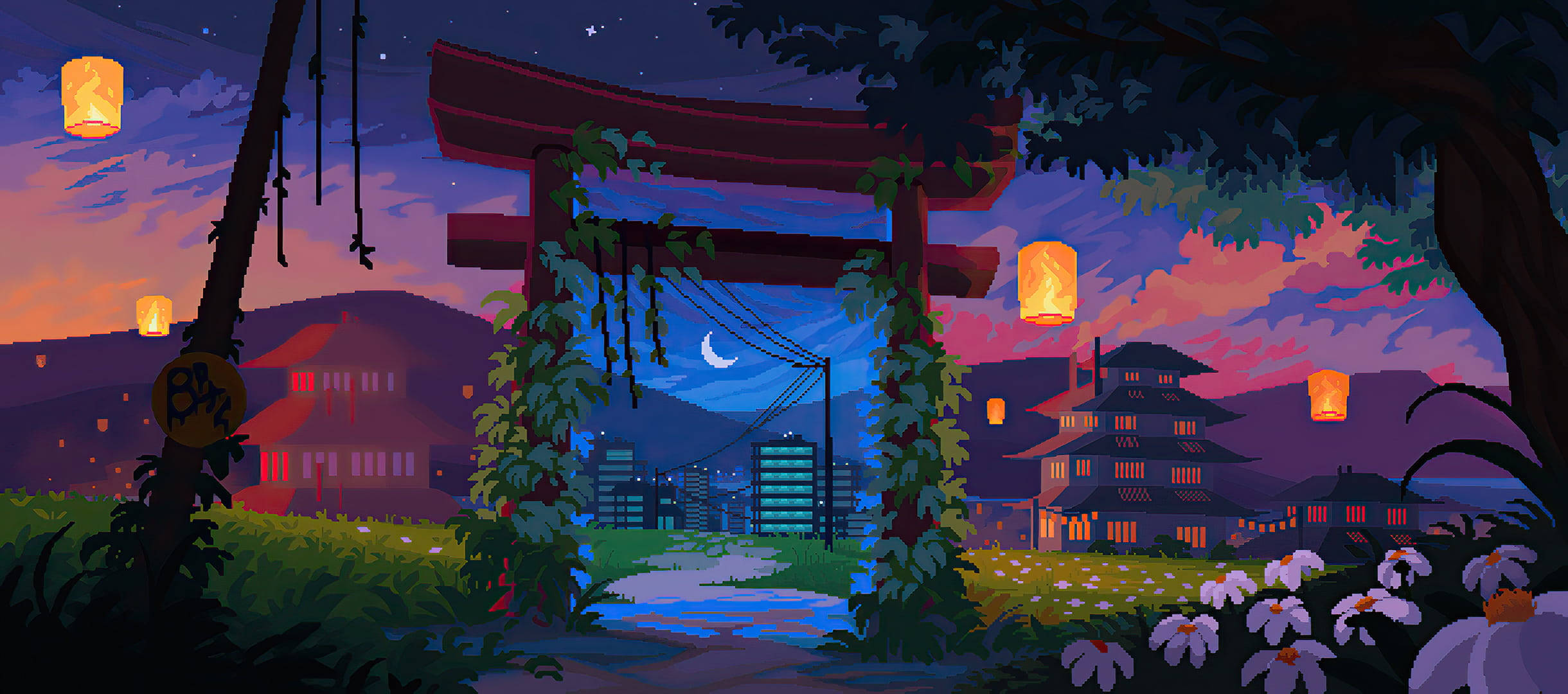 Αισθητική Pixel Art Ιαπωνικού Ιερού σε Πόλη Ταπετσαρία