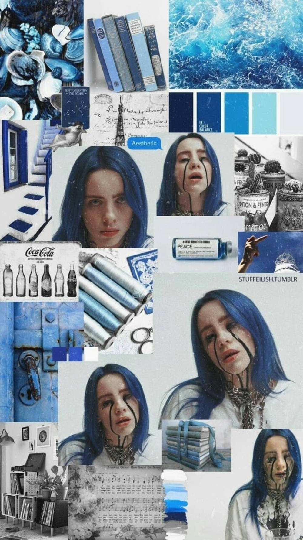 Αισθητικό κολάζ Billie Eilish σε μπλε και άσπρο Ταπετσαρία
