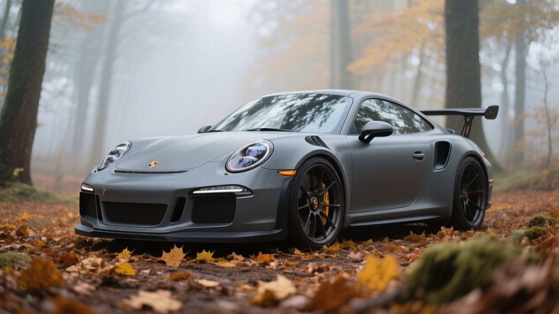 Ματ γκρι Porsche 911 GT3 RS σε φθινοπωρινό δάσος — Cool cars GIF Ταπετσαρία