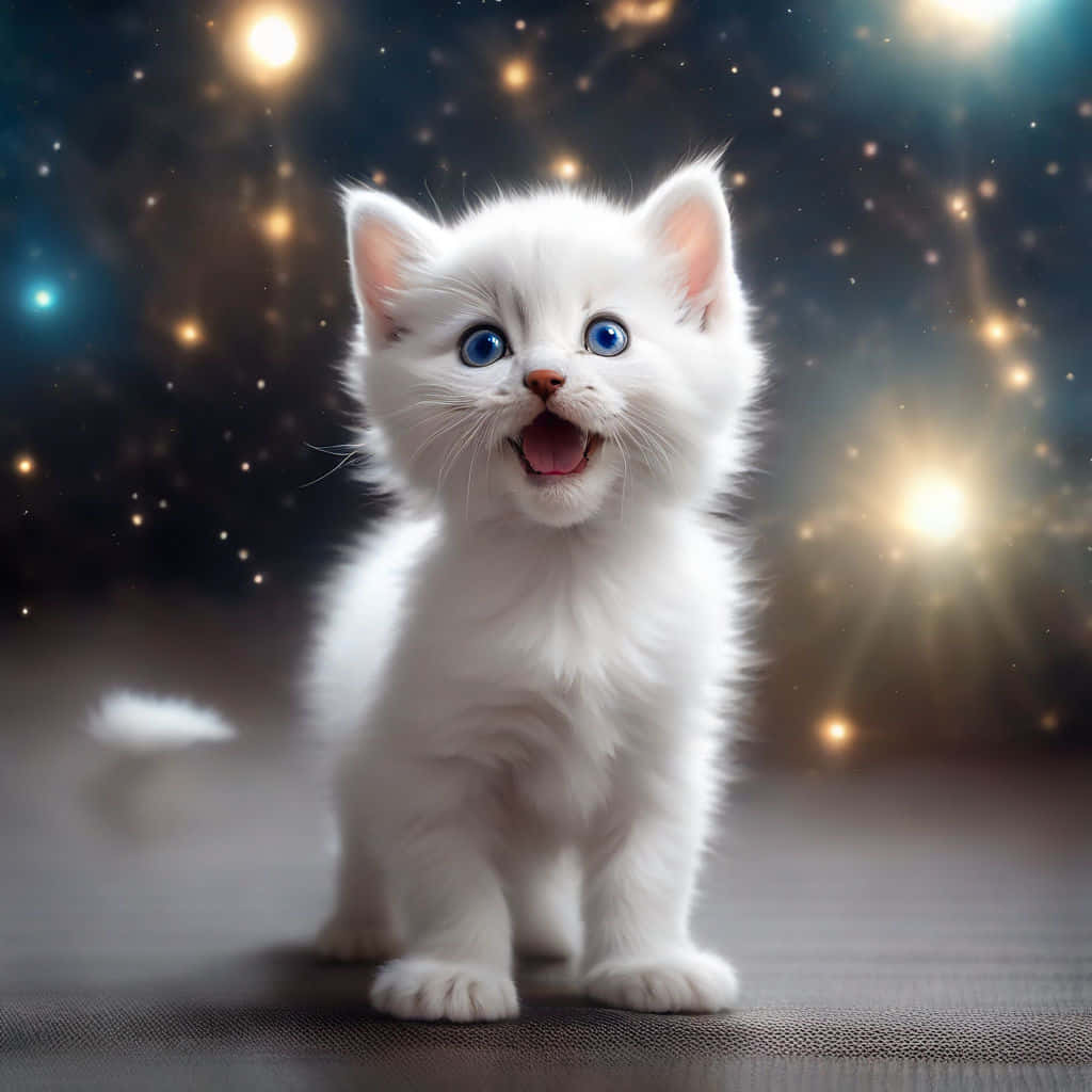 Αξιολάτρευτο Λευκό Γατάκι με Αστρικό Φόντο Ταπετσαρία