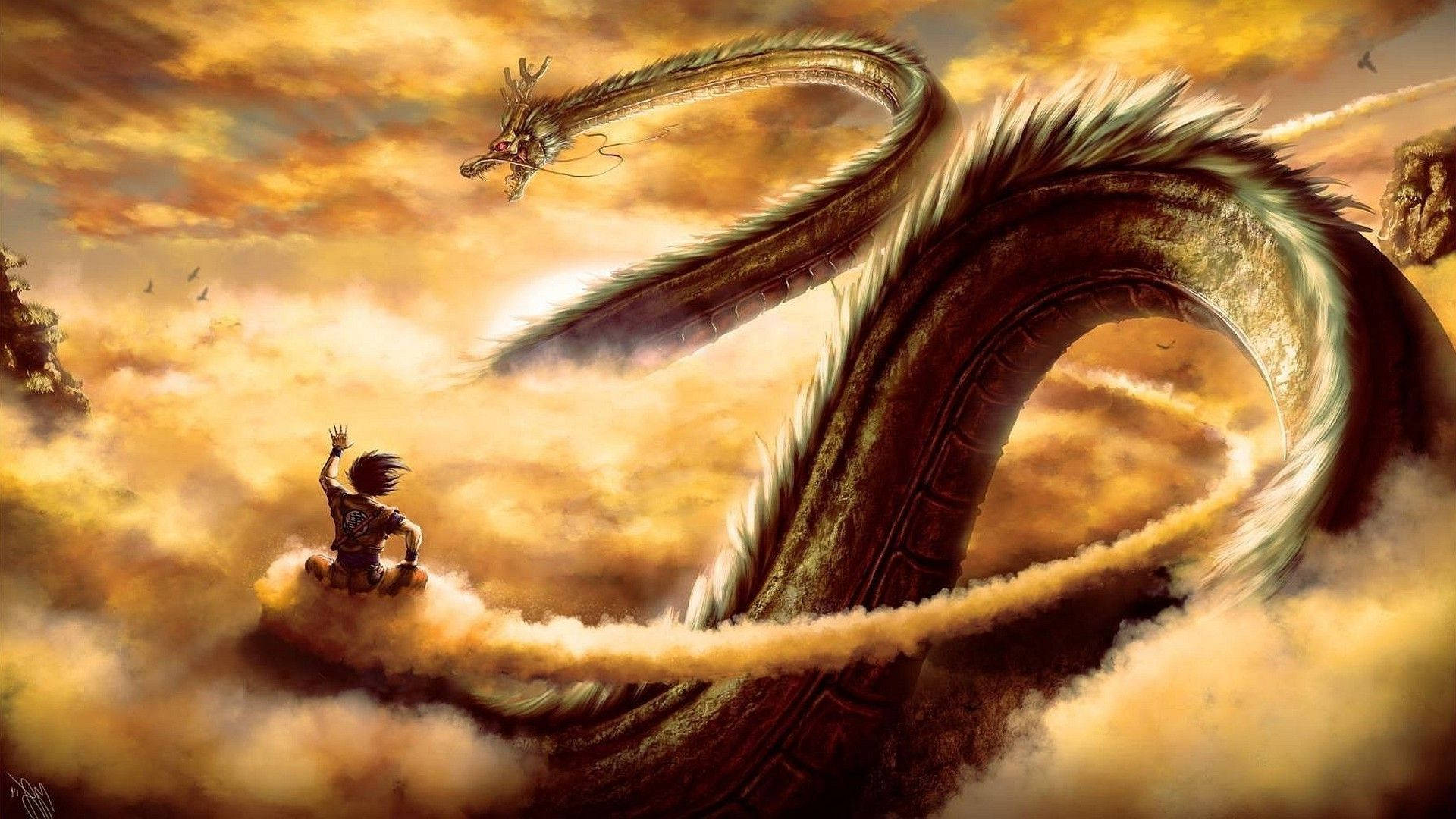 Dragon Ball Z Live Action πραγματικός Shenron ο μακρύς πράσινος δράκος με τον San Goku να καβαλά ένα σύννεφο. — Dragon ball super GIF Ταπετσαρία