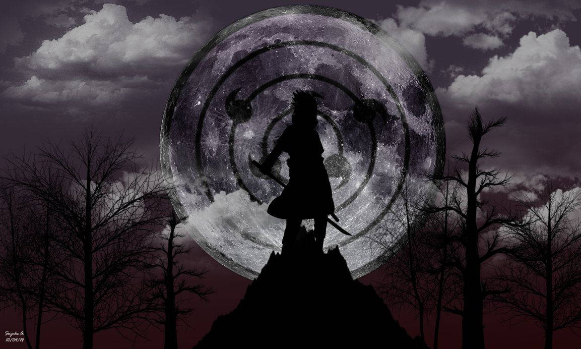Ταπετσαρία του Sasuke Uchiha με πανσέληνο που προβάλλει το γκέντζουτσου του Άπειρου Τσουκουγιόμι — Sasuke Ταπετσαρία