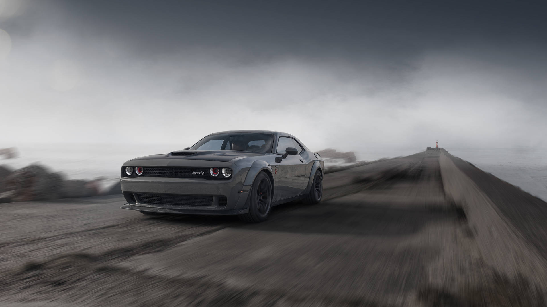 Γκρι Dodge Challenger Demon 4K σε καπνισμένο δρόμο — Δαίμονας Σφαγέας 4K GIF Ταπετσαρία