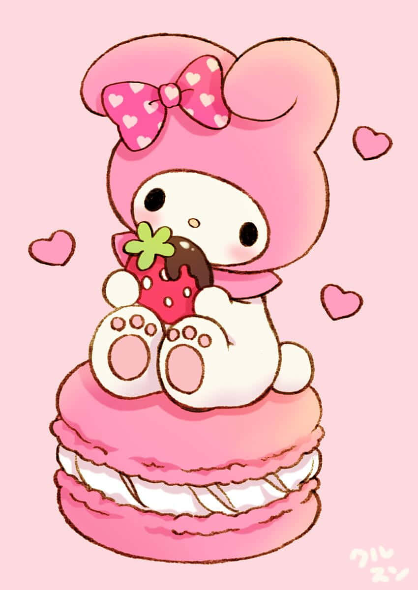 Γλυκιά My Melody Τρώει Φράουλα Πάνω σε Μακαρόν Ταπετσαρία