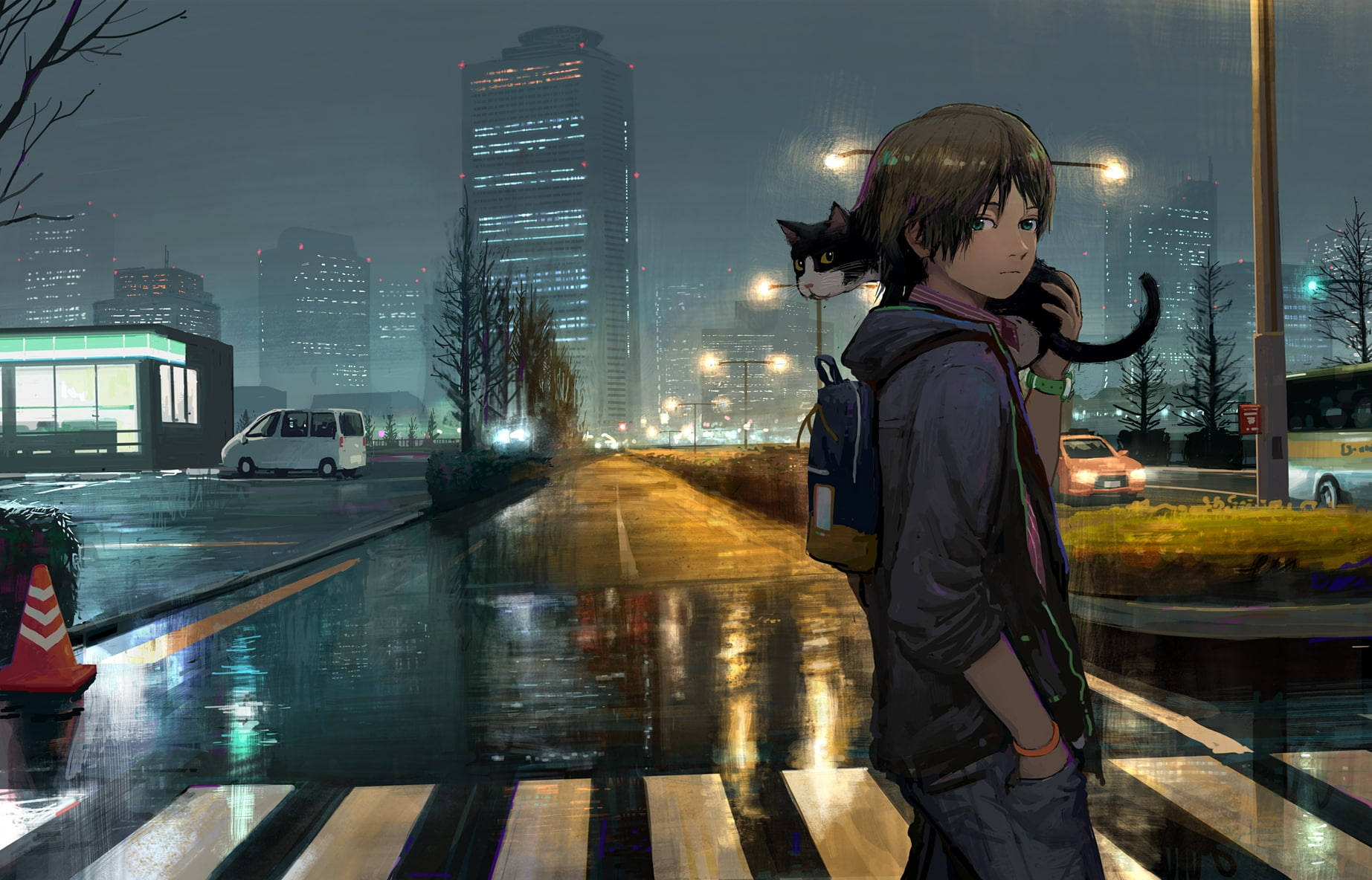 Γλυκός anime αγόρι που κουβαλάει μια γάτα στους δρόμους — Anime Boy Ταπετσαρία