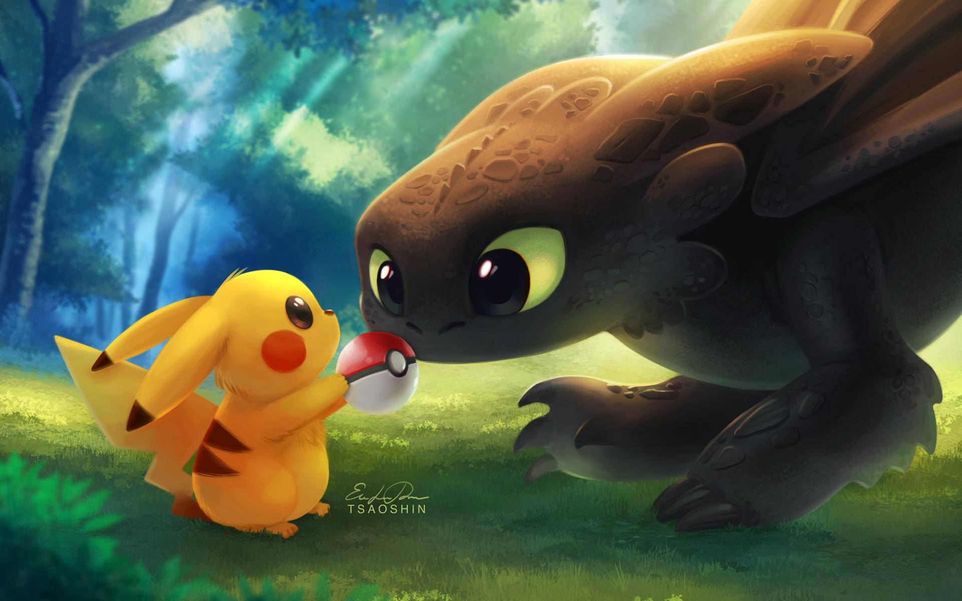 Διασταυρούμενη τέχνη του Toothless και του Pikachu από τα Pokémon ταπετσαρία. — Pokemon Ταπετσαρία