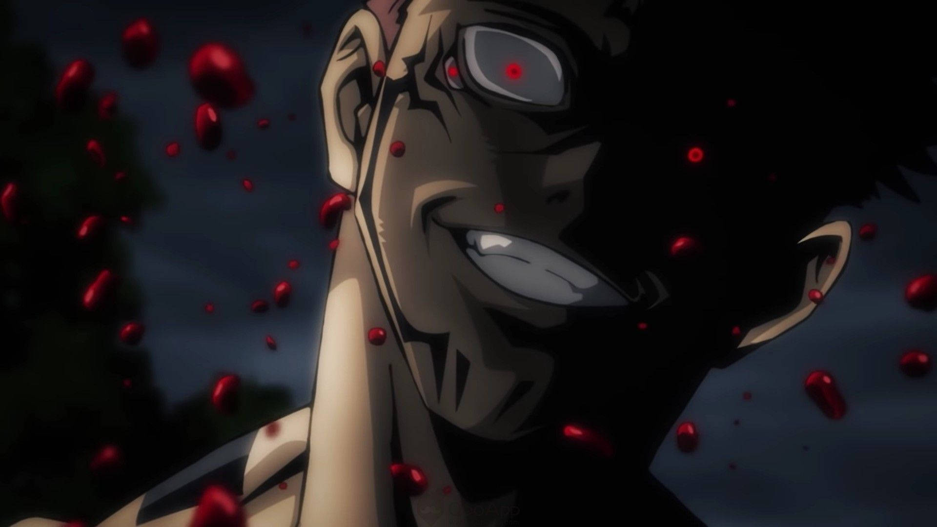 Sukuna στο Jujutsu Kaisen με δολοφονικά μάτια και αίμα ταπετσαρία. — Jujutsu Kaisen Ταπετσαρία