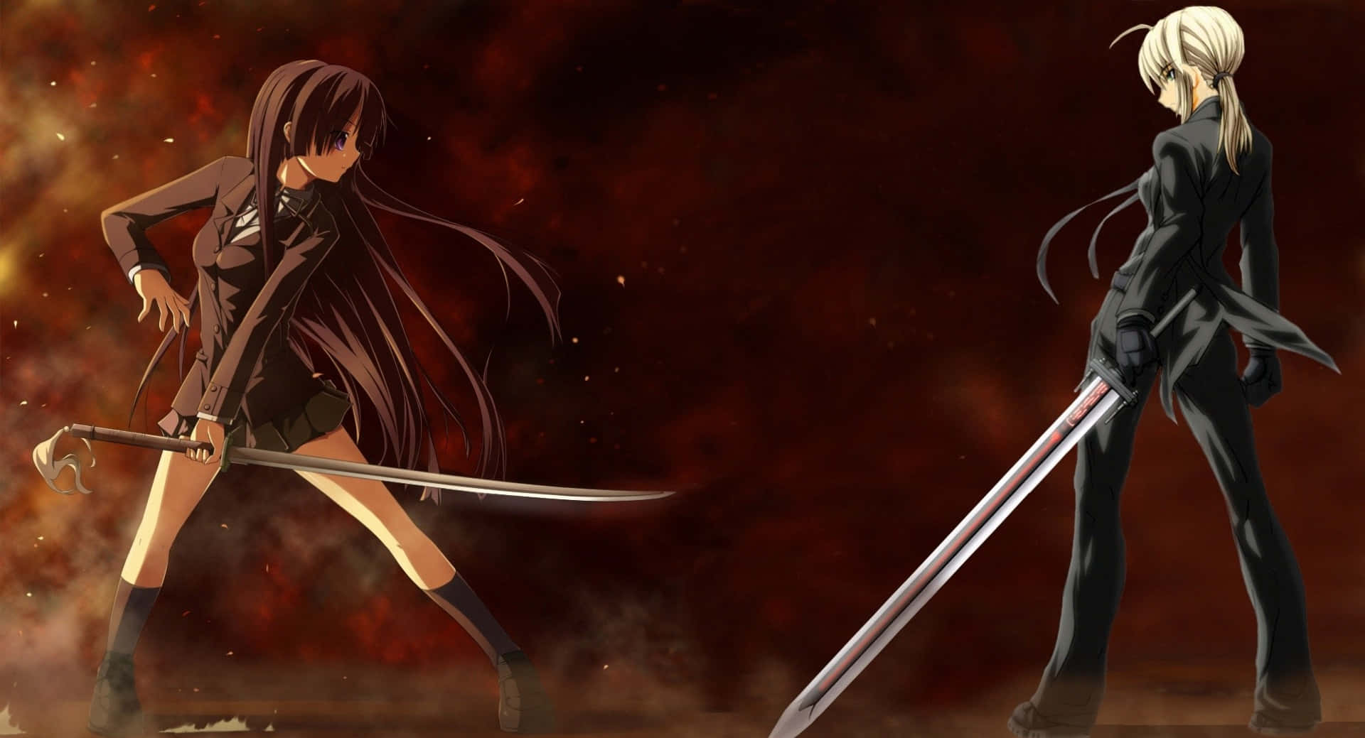 Δύο anime κορίτσια με σπαθιά μπροστά από φωτιά Ταπετσαρία