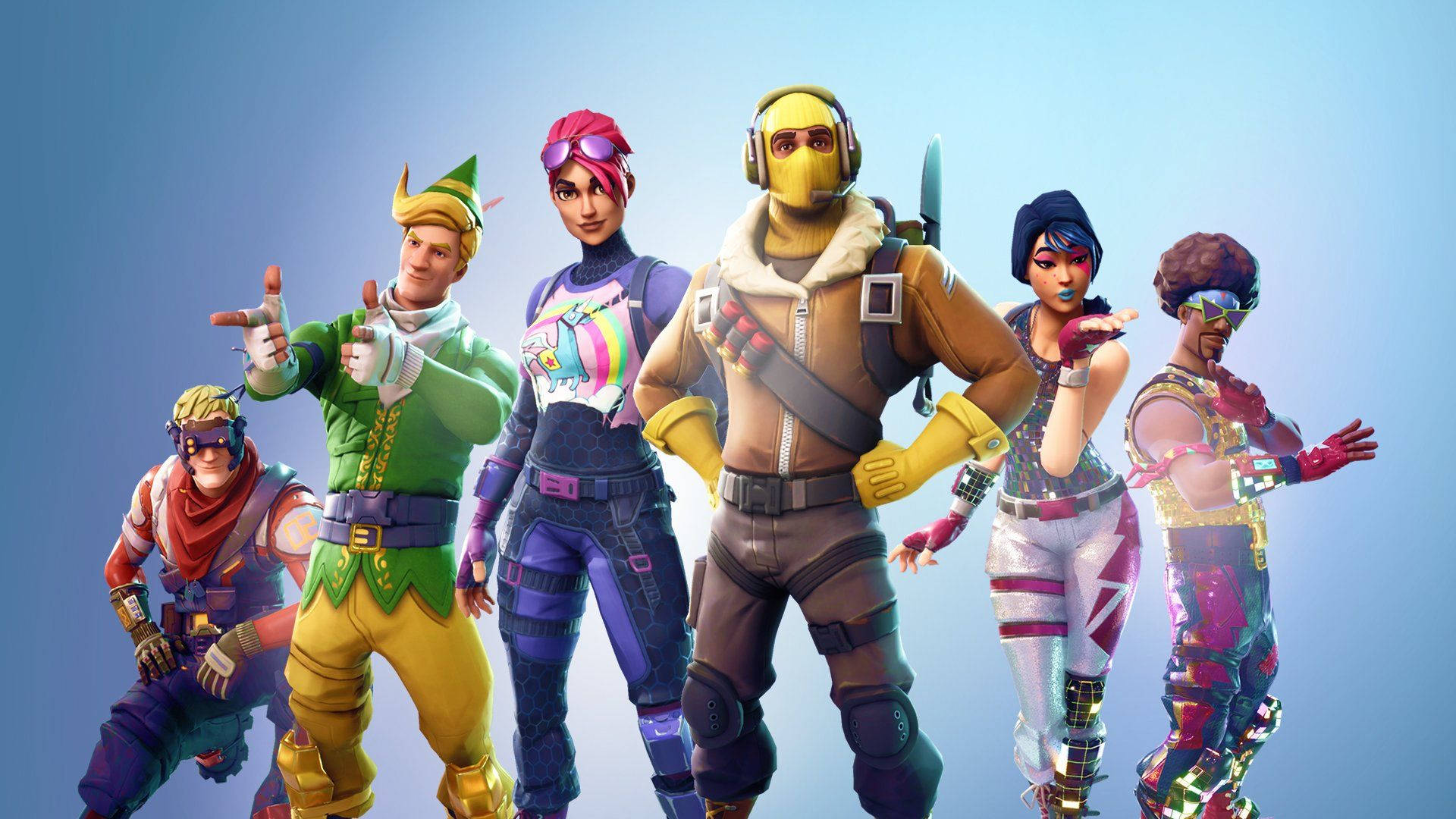 6 χαρακτήρες του Fortnite σε μπλε ombre φόντο HD wallpaper. — Fortnite Ταπετσαρία