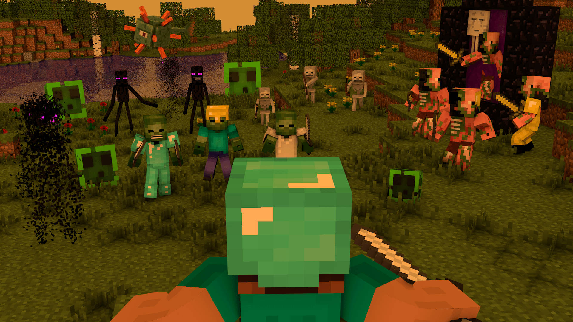Minecraft κύριος χαρακτήρας κακοί μάχη σε χωράφι ταπετσαρία — Minecraft Ταπετσαρία