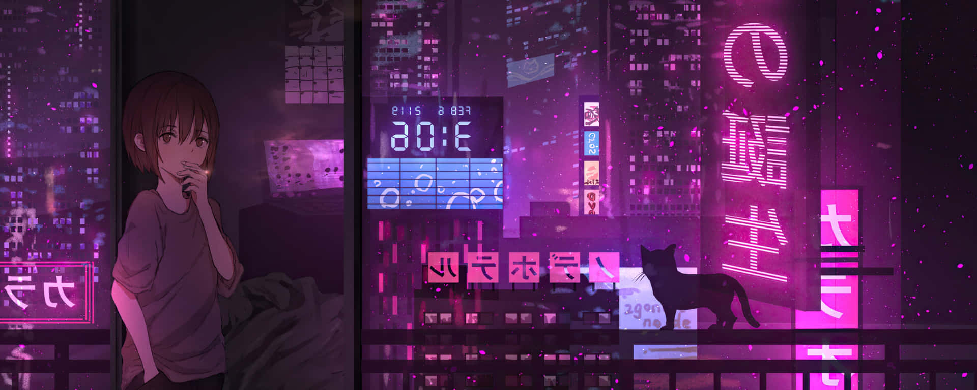 Δύο Οθόνες Anime Κορίτσι Καπνίζει Cyberpunk Φώτα Πόλης — Ανιμέ πόλη GIF Ταπετσαρία