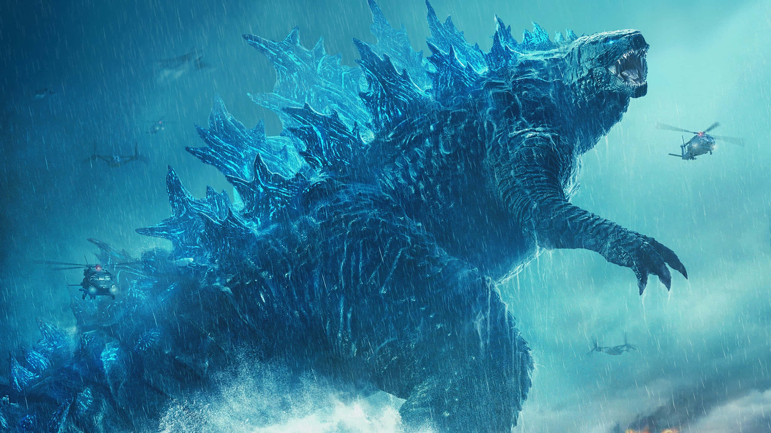 Εικόνα Godzilla με Μπλε Νέον Φώτα και Ελικόπτερα Ταπετσαρία