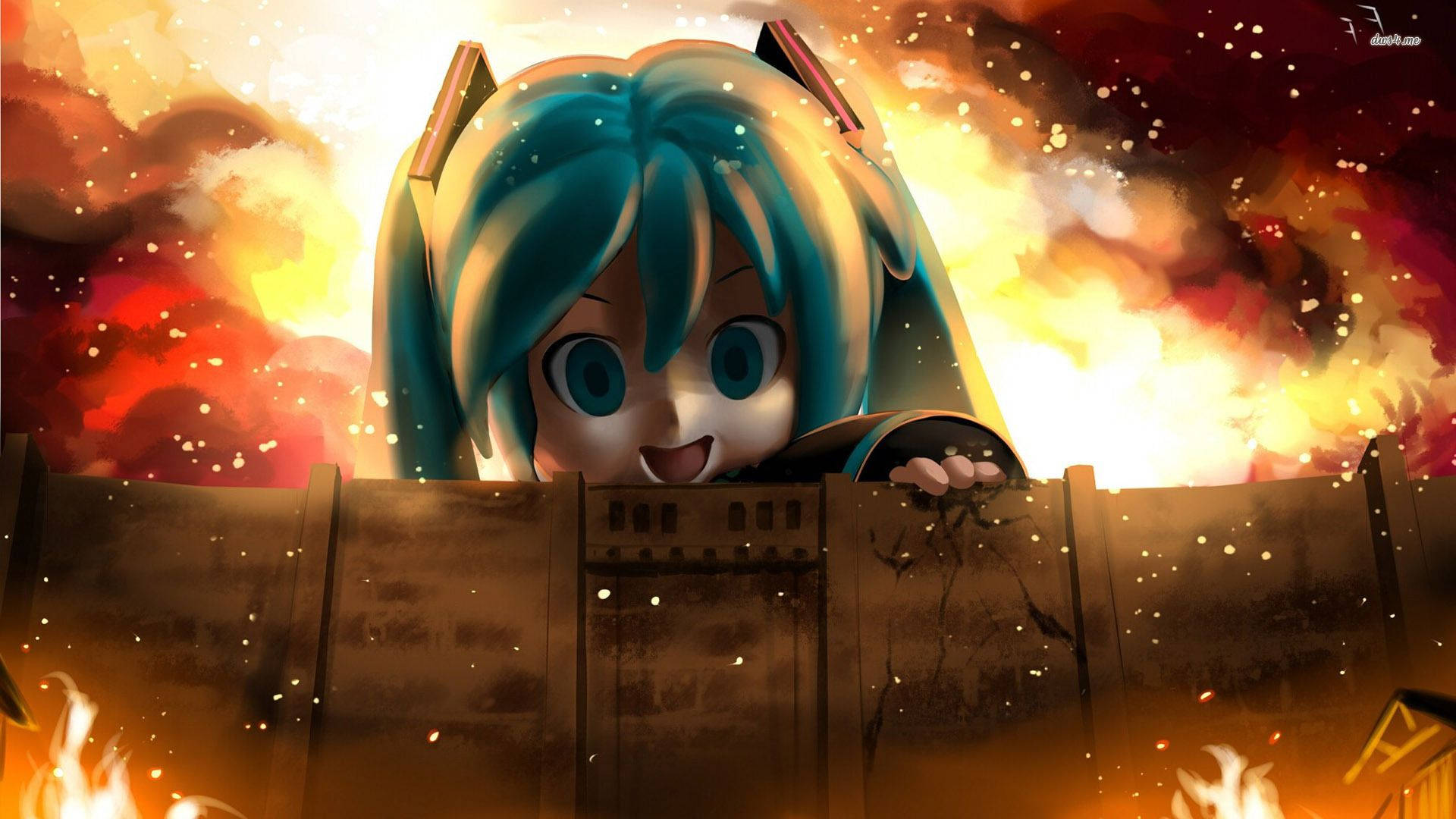 Η Miku Hatsune κρυφοκοιτάζει πάνω από τον τοίχο ως ο Κολοσσιαίος Τιτάνας σε ταπετσαρία φαν τέχνης crossover Attack On Titan. — Attack On Titan Ταπετσαρία
