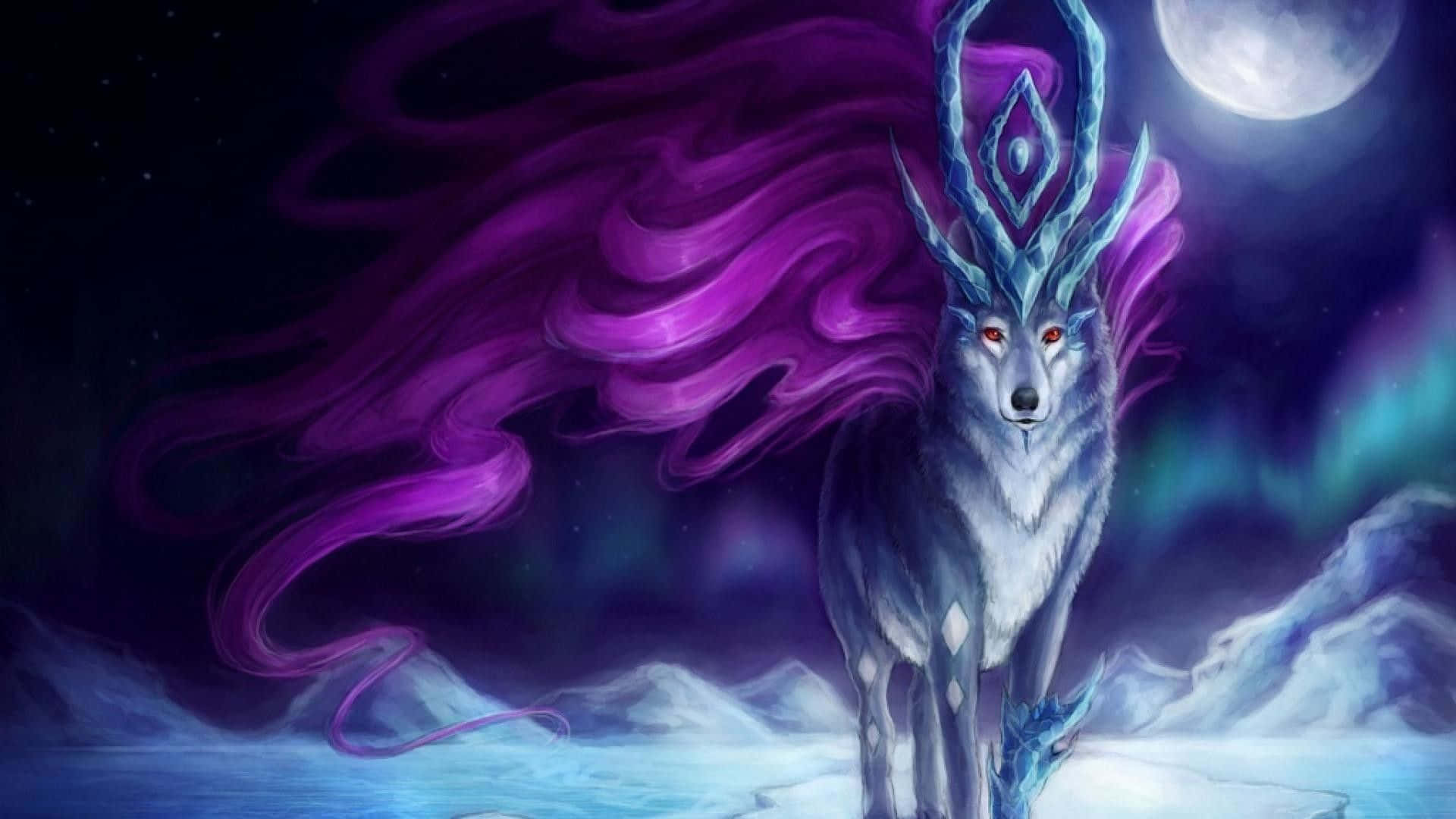 Εικόνα Μια αιθέρια απόδοση ενός γαλαξιακού λύκου με λαμπερά αστέρια και φόντο γαλαξία Ταπετσαρία