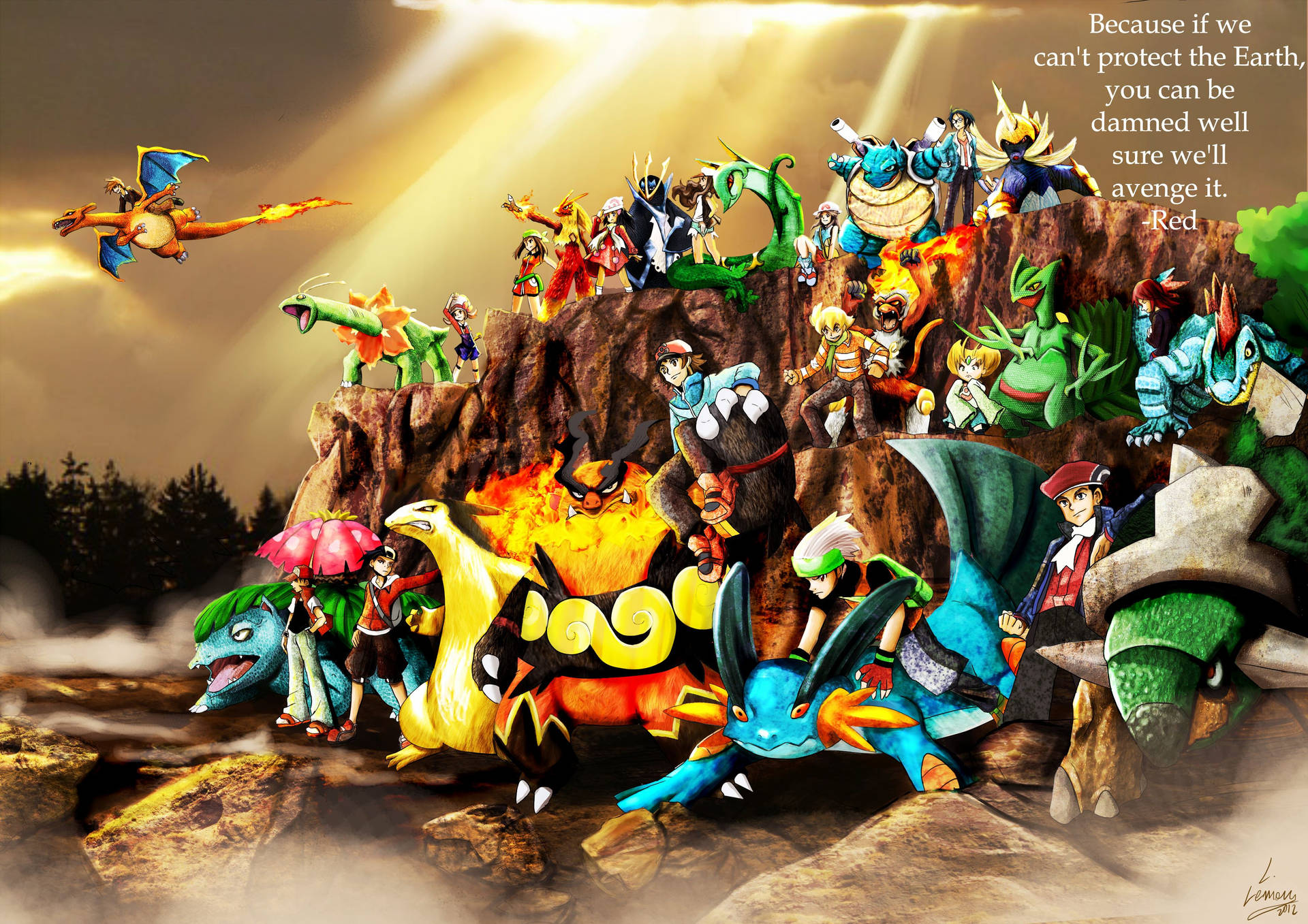 Εξελιγμένοι χαρακτήρες Pokemon σε ένα δάσος. — Pokemon Ταπετσαρία