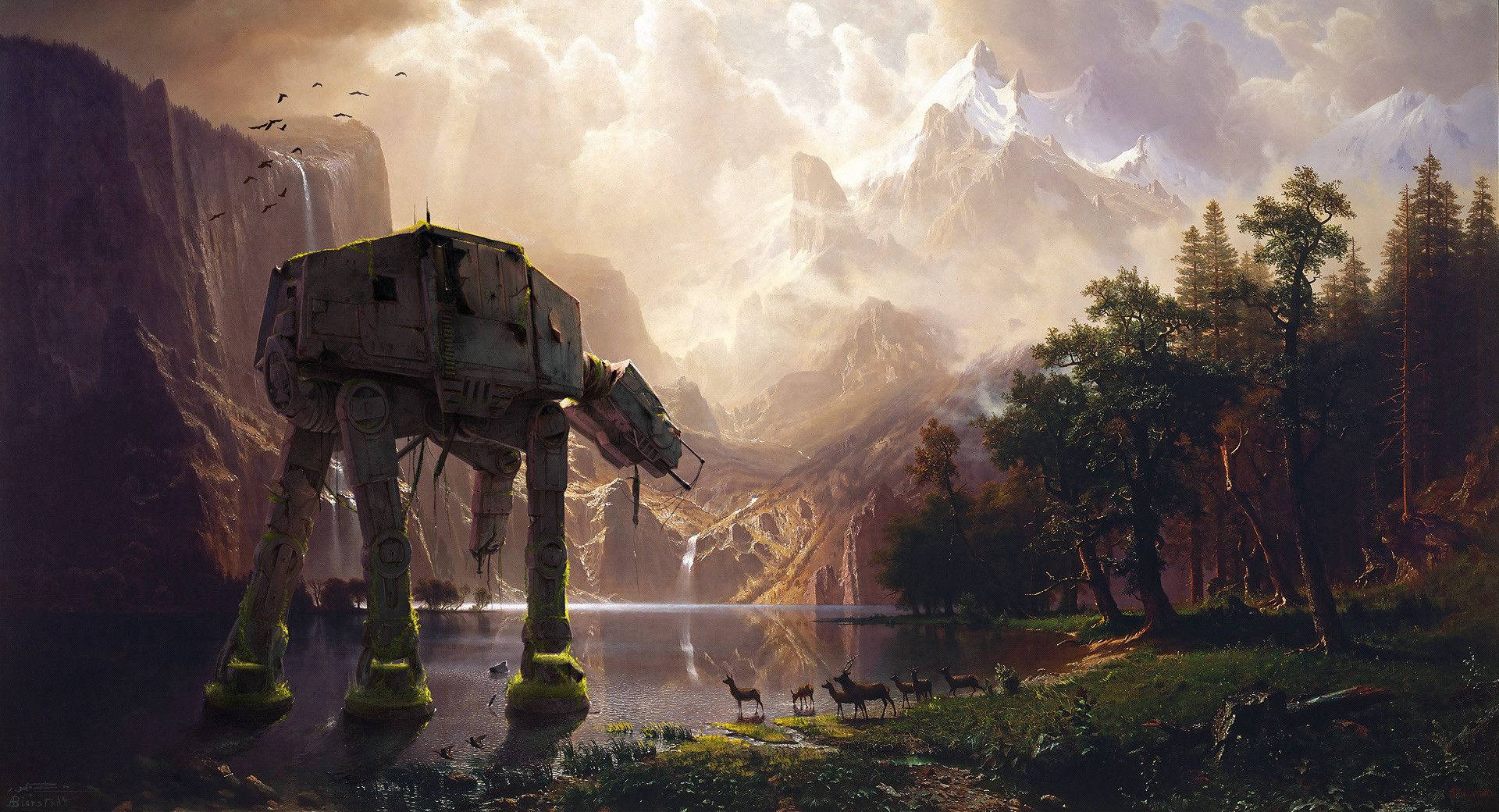 Ταπετσαρία Star Wars με ρομπότ δεινόσαυρο να περπατά σε ένα βουνό με ελάφια και δέντρα. — Star Wars Ταπετσαρία