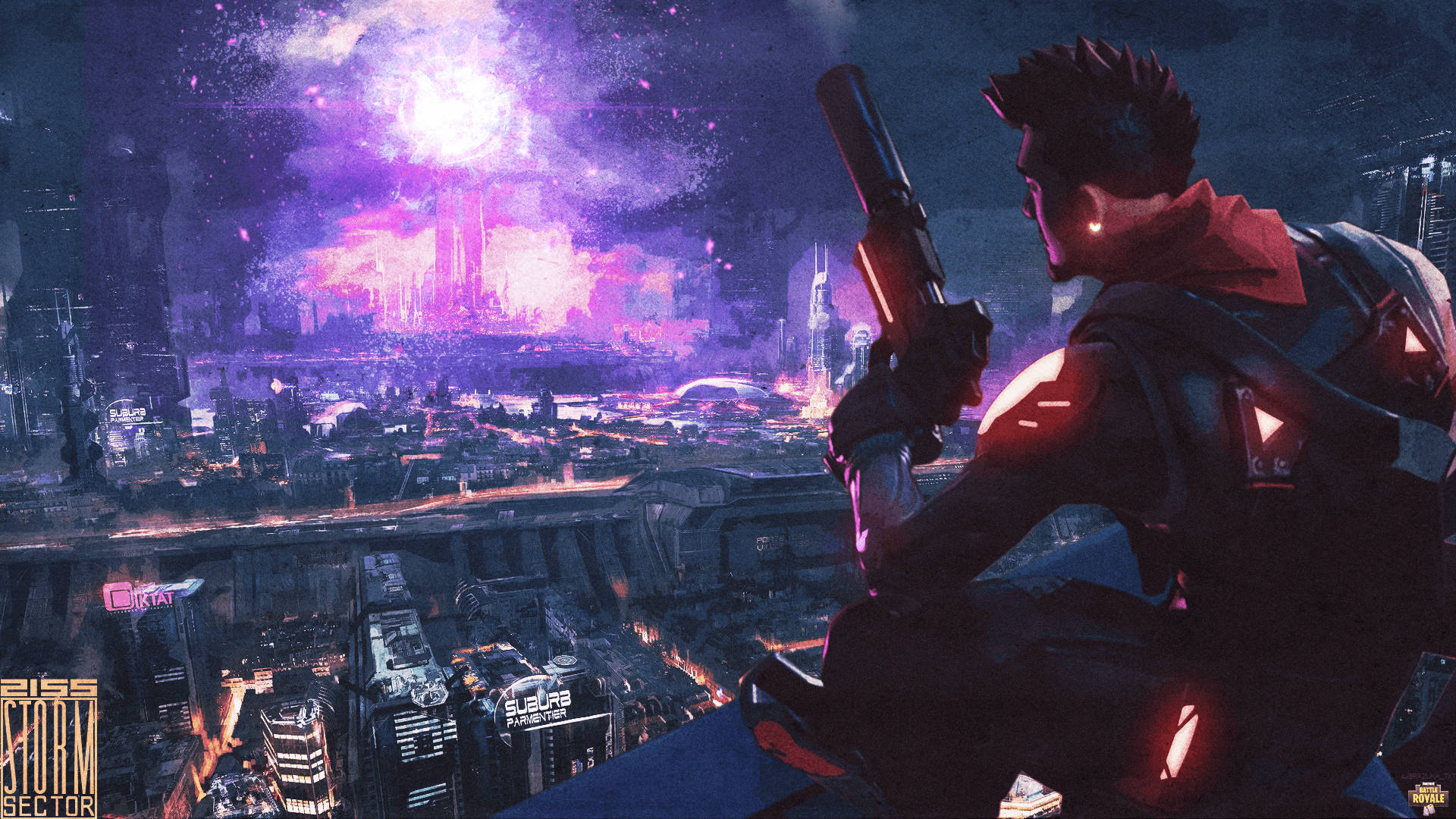 Ένας χαρακτήρας από το παιχνίδι Fortnite κρατώντας ένα όπλο και απολαμβάνοντας μια βραδινή θέα HD ταπετσαρία. — Fortnite Ταπετσαρία