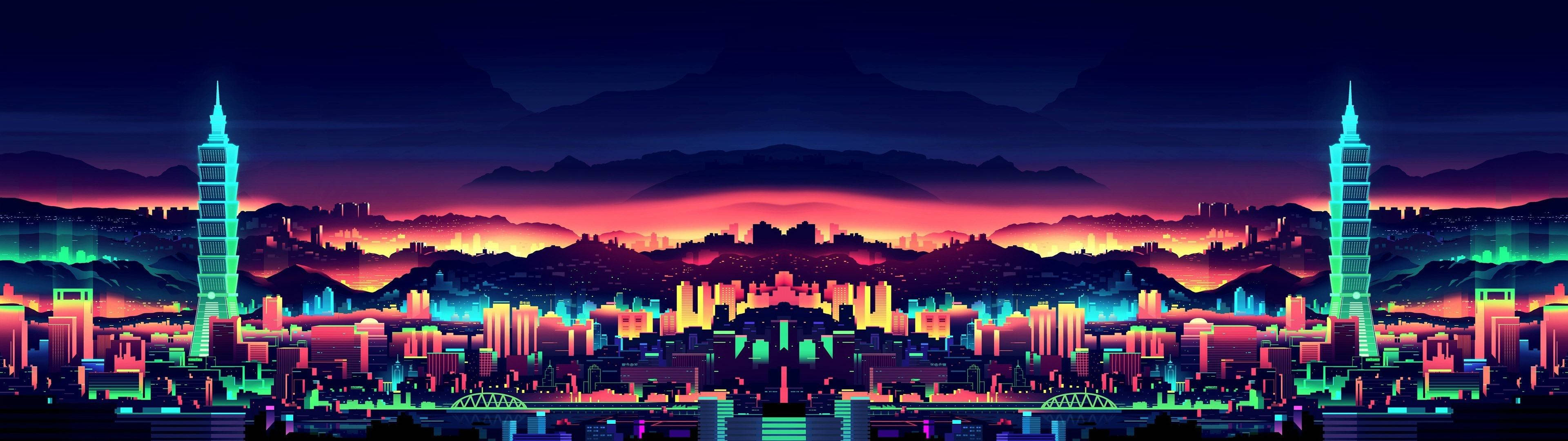 3840x1080 HD Τέχνη Πόλης για Διπλή Οθόνη — Δύο οθόνες GIF Ταπετσαρία