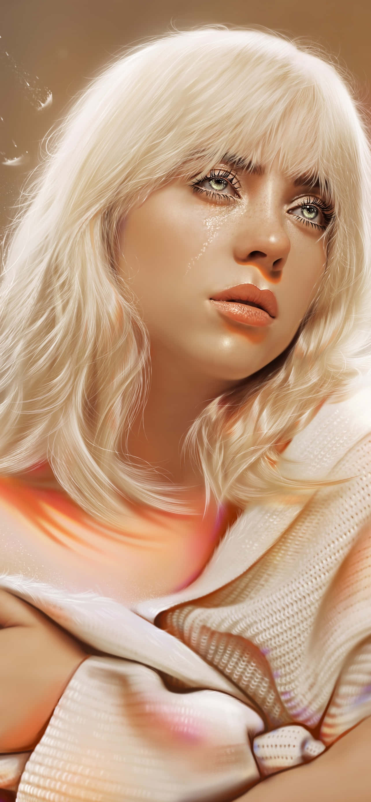 Η Billie Eilish χαμογελά και φορά ένα φωτεινό μπλε μπλουζάκι Ταπετσαρία