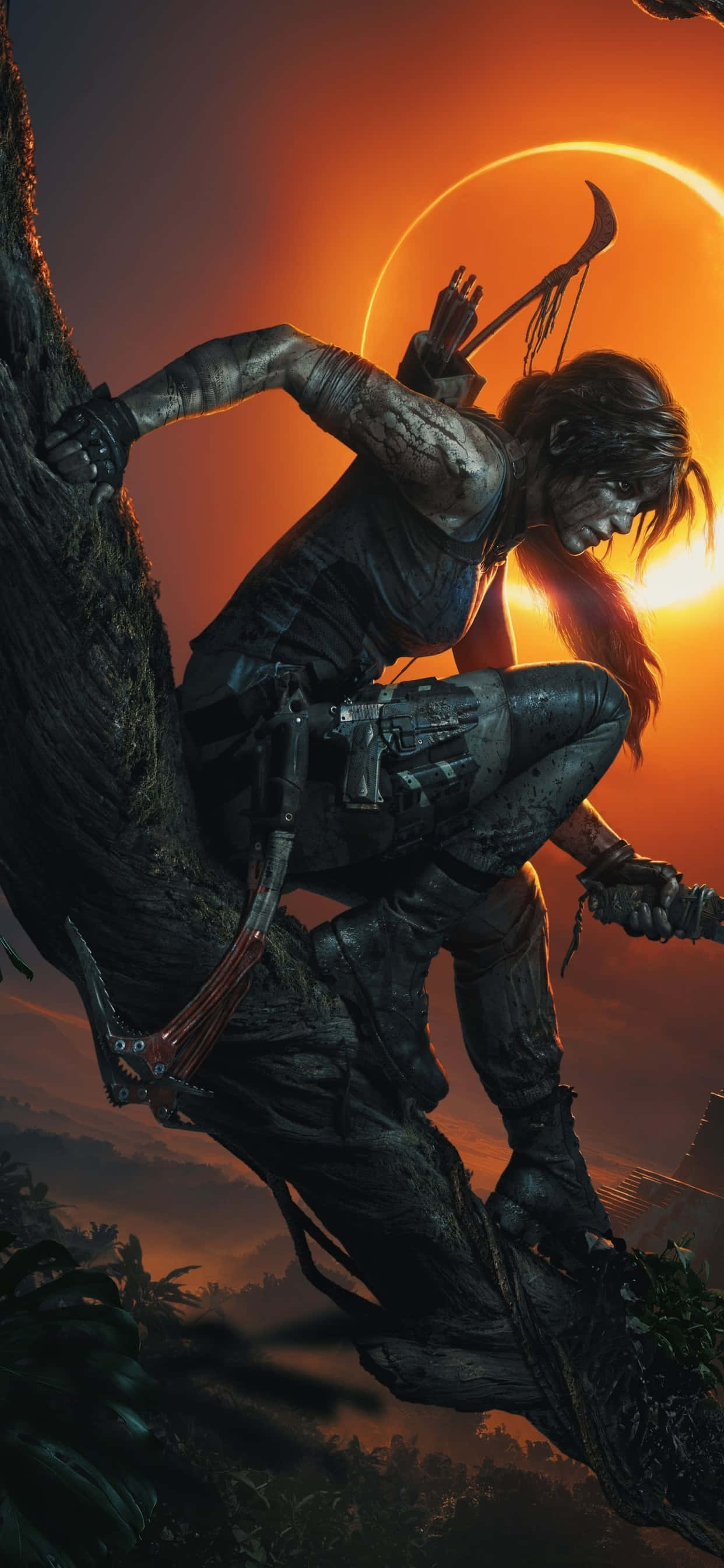 η tomb raider είναι στο δάσος με έναν ήλιο πίσω της Ταπετσαρία