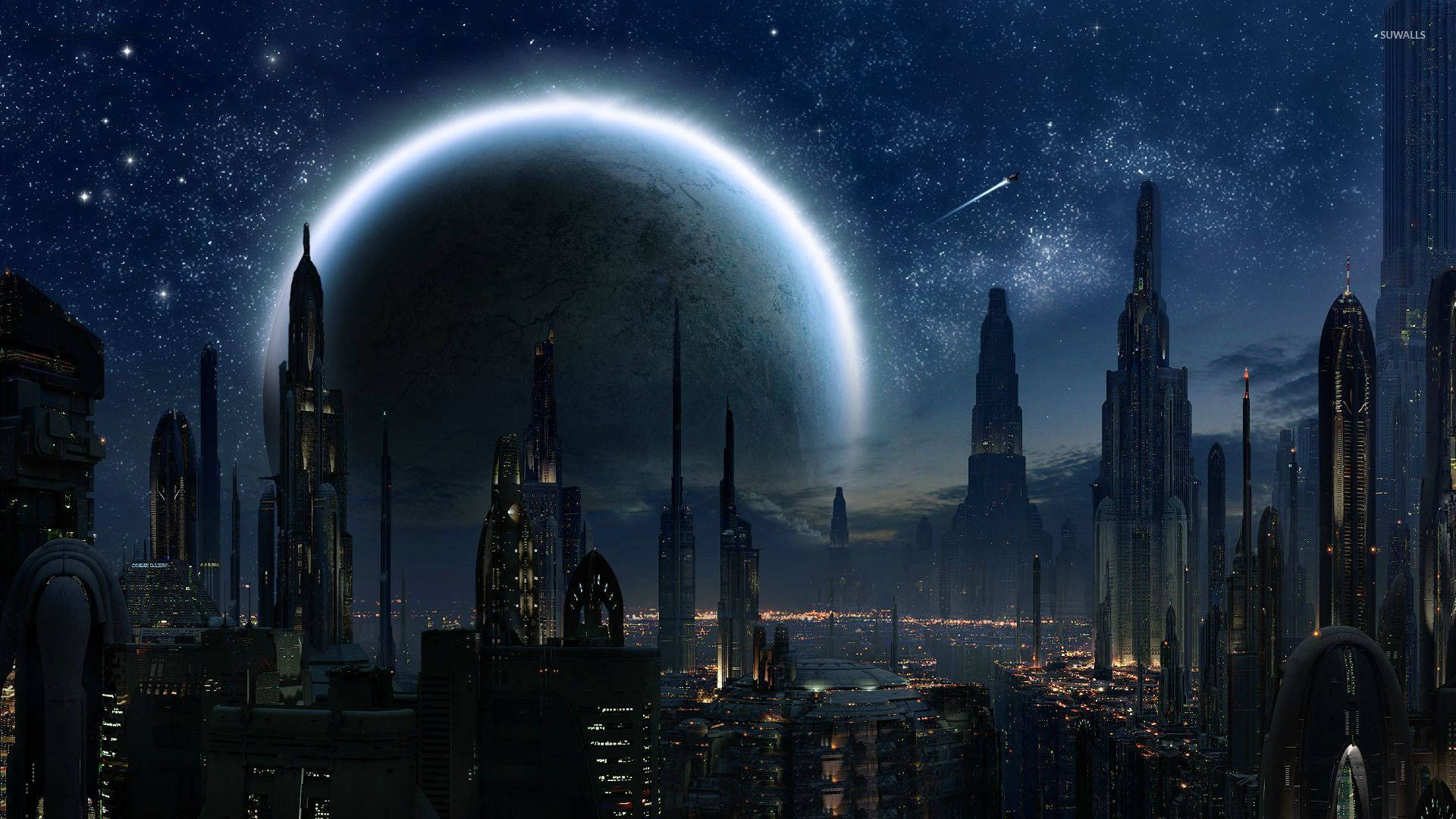 Ταπετσαρία Star Wars με ψηλά κτίρια και μεγάλο φεγγάρι Κορουσάντ στη σύγχρονη πόλη. — Star Wars Ταπετσαρία