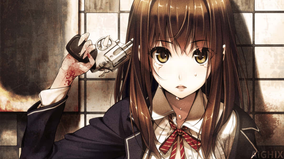 Θλιμμένο anime κορίτσι κρατάει ένα όπλο στο κεφάλι της με αίμα στα χέρια ταπετσαρία HD. — Λυπημένο anime GIF Ταπετσαρία