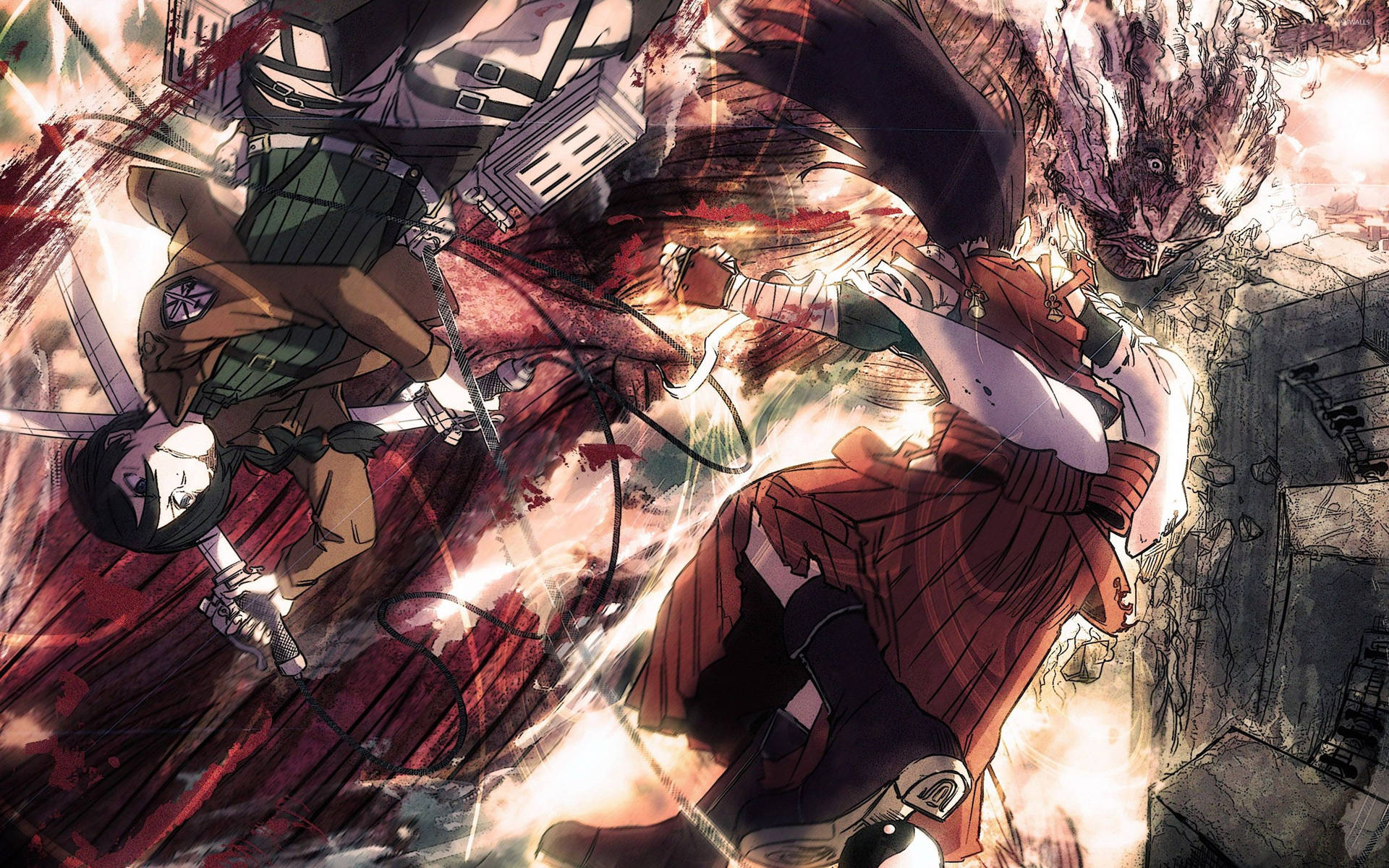 Η Mikasa Ackerman μάχεται τον Κολοσσιαίο Τιτάνα που εκπέμπει ατμό σε ταπετσαρία fan art του Attack On Titan. — Attack On Titan Ταπετσαρία