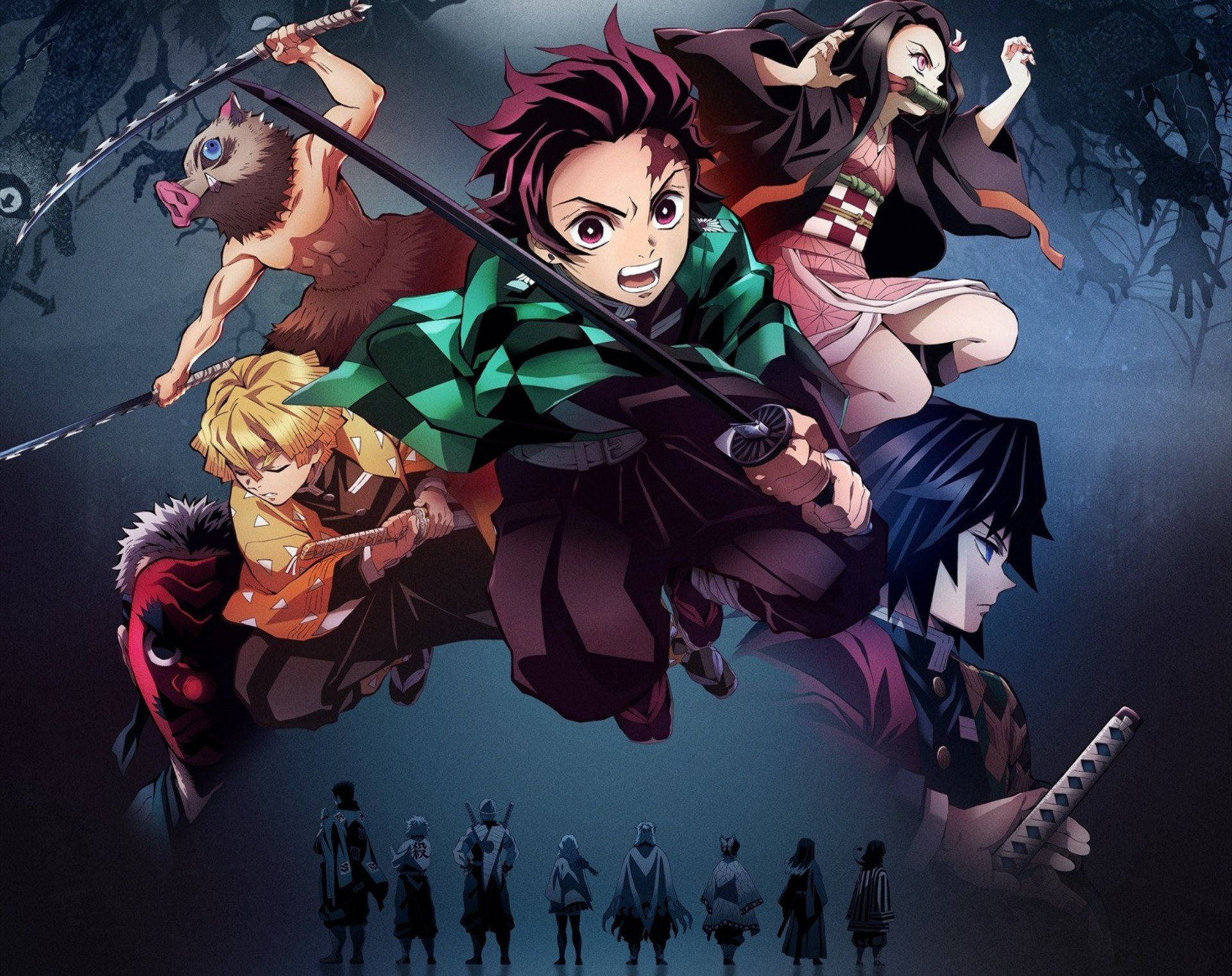 Ταπετσαρία Demon Slayer του Tanjiro μαζί με την Nezuko και τους Hashiras. — Demon Slayer Ταπετσαρία