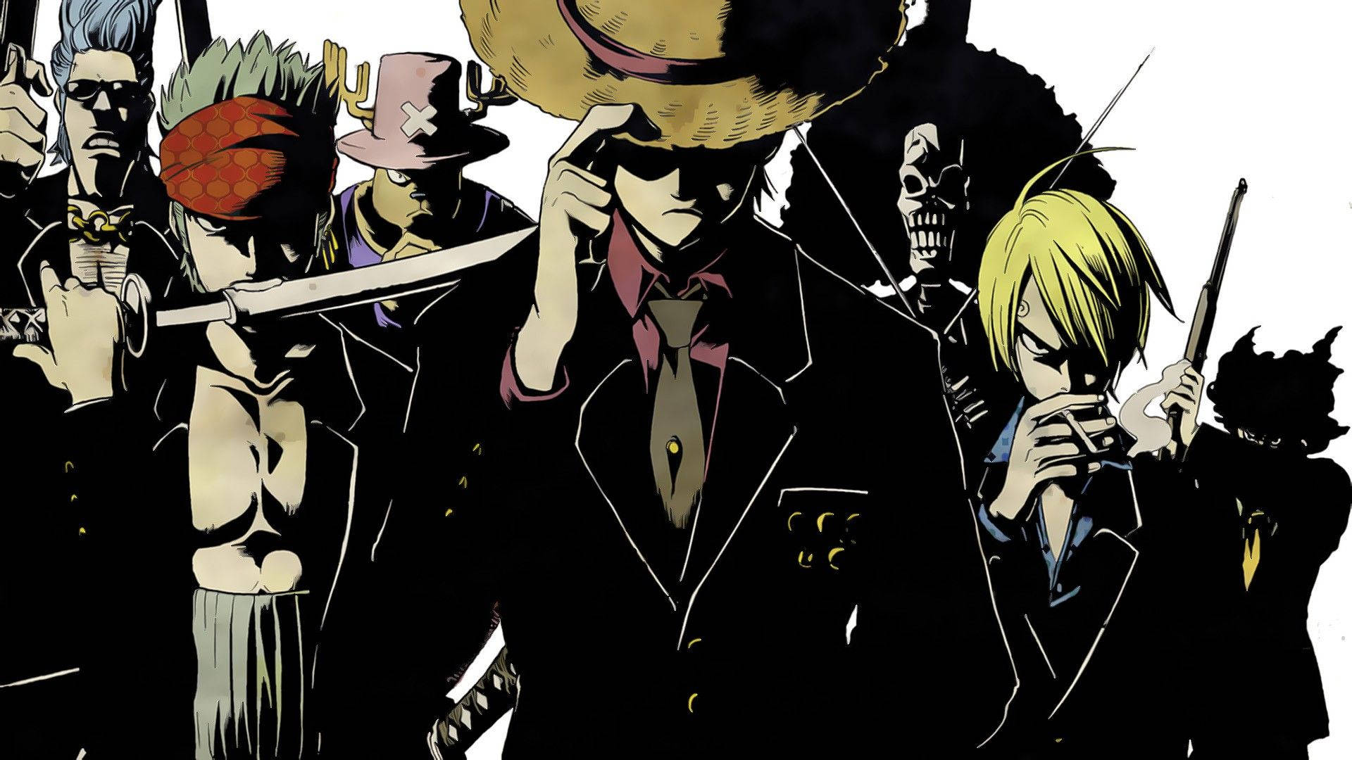 One Piece Straw Hat ανδρικό πλήρωμα να δείχνει κομψό με μαύρο κοστούμι ταπετσαρία. — One Piece Ταπετσαρία